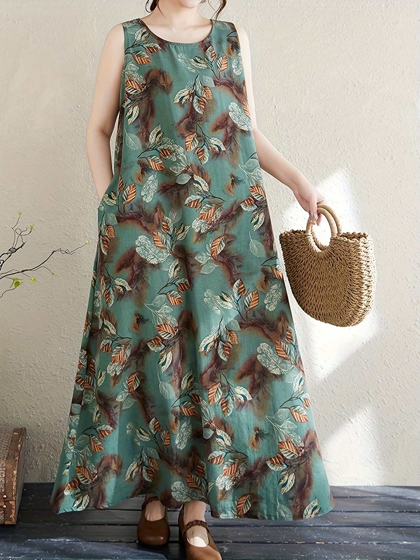 【リネン風】ワンピース レディース 夏 ノースリーブ ロング マキシ丈 Aライン ボタニカル柄 リーフ柄 総柄 綿麻混風 クルーネック ポケット付き ゆったり 体型カバー 着痩せ 涼しい 蒸れない お出かけ 旅行 リゾート 40代 50代 ナチュラル|Nartooston