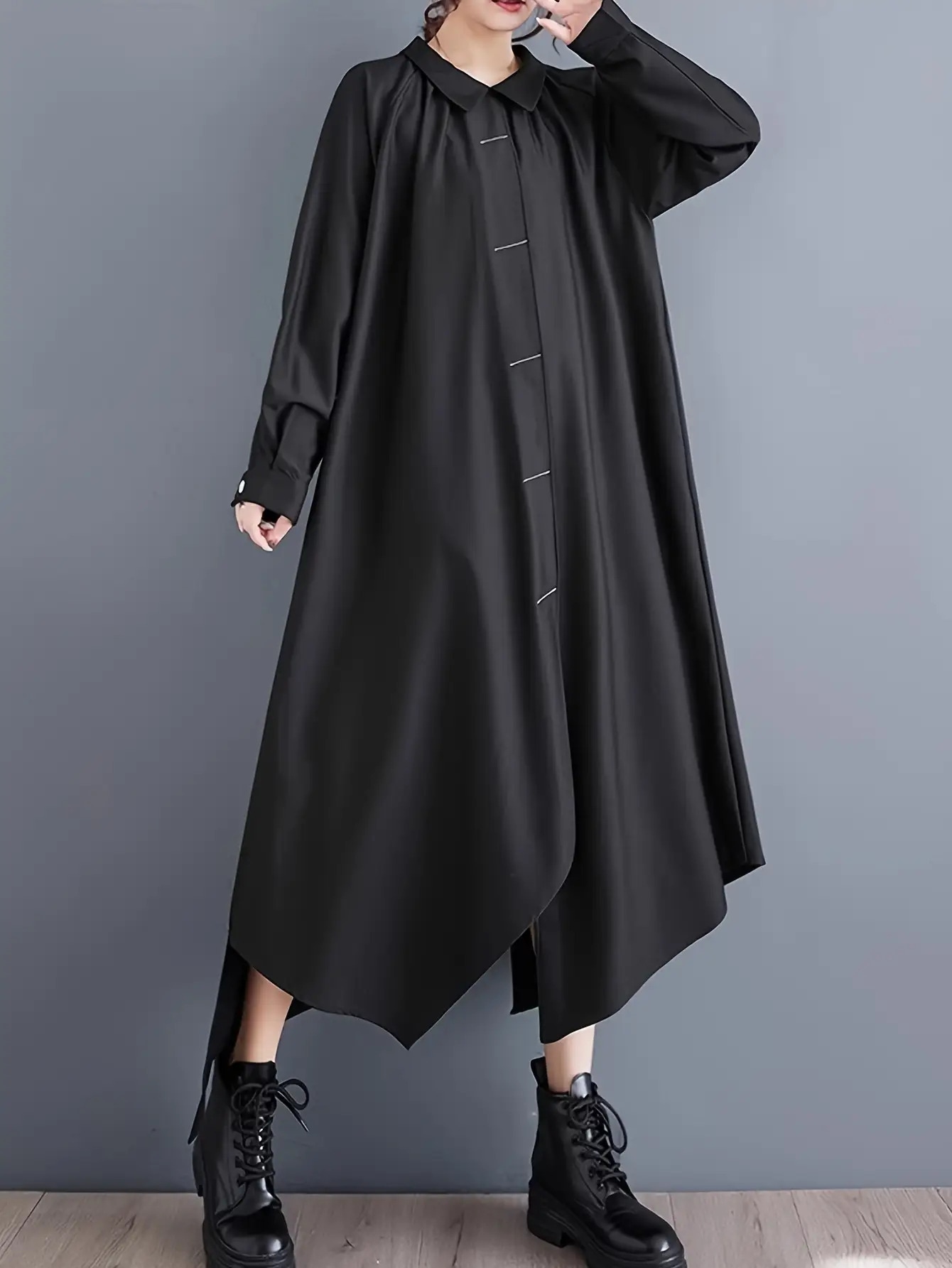 シャツワンピース ロング レディース アシンメトリー ワンピース 長袖 襟付き モード系 黒 ブラック 無地 レトロ ゆったり 大きいサイズ 体型カバー 着痩せ 膝下 マキシ丈 Aライン きれいめ カジュアル オフィス 通勤 20代 30代 40代 50代 春 秋 冬 シンプル 個性的｜Nartooston 18,598円