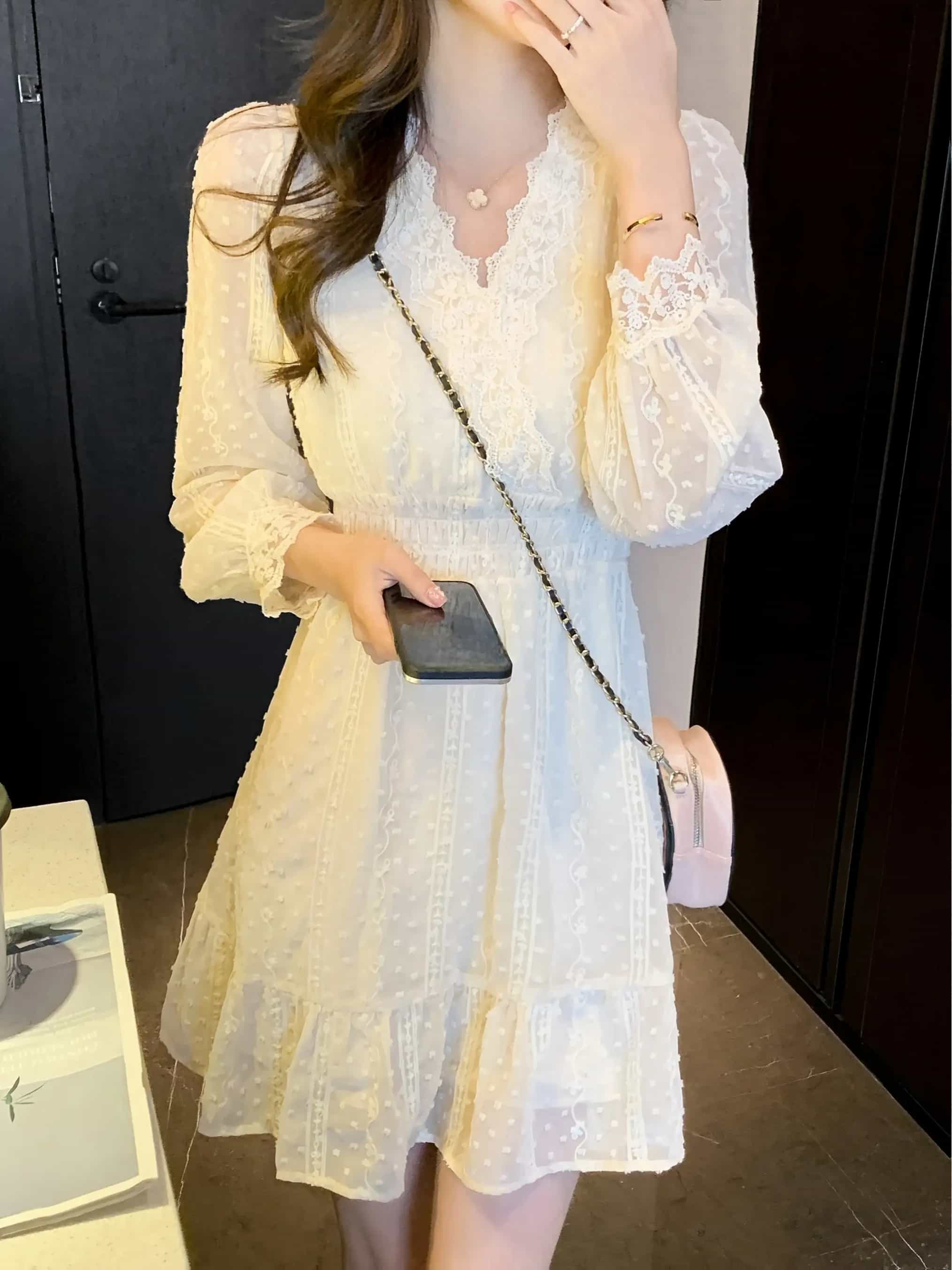 【大人可愛い】ワンピース レディース レースワンピース 白 長袖 Vネック ミニ丈 膝丈 きれいめ 刺繍 シアー 透け感 ティアード 裾フリル Aライン ウエストゴム ワンピ ドレス パーティードレス 結婚式 二次会 披露宴 お呼ばれ 通勤 オフィス OL デート 女子会|Nartooston