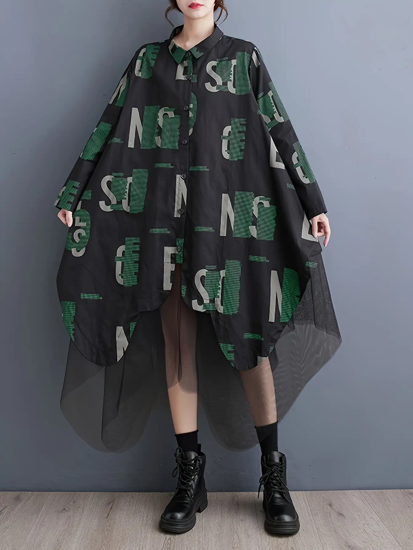 【モード系】シャツワンピース ロングワンピース チュール レディース 異素材 切り替え メッシュ 透け感 英字 プリント 総柄 襟付き 前開き 羽織り ゆったり 大きいサイズ オーバーサイズ 体型カバー 着痩せ 細見え 春 秋 冬 黒 ブラック 個性的 大人可愛い 20代 30代|Nartooston