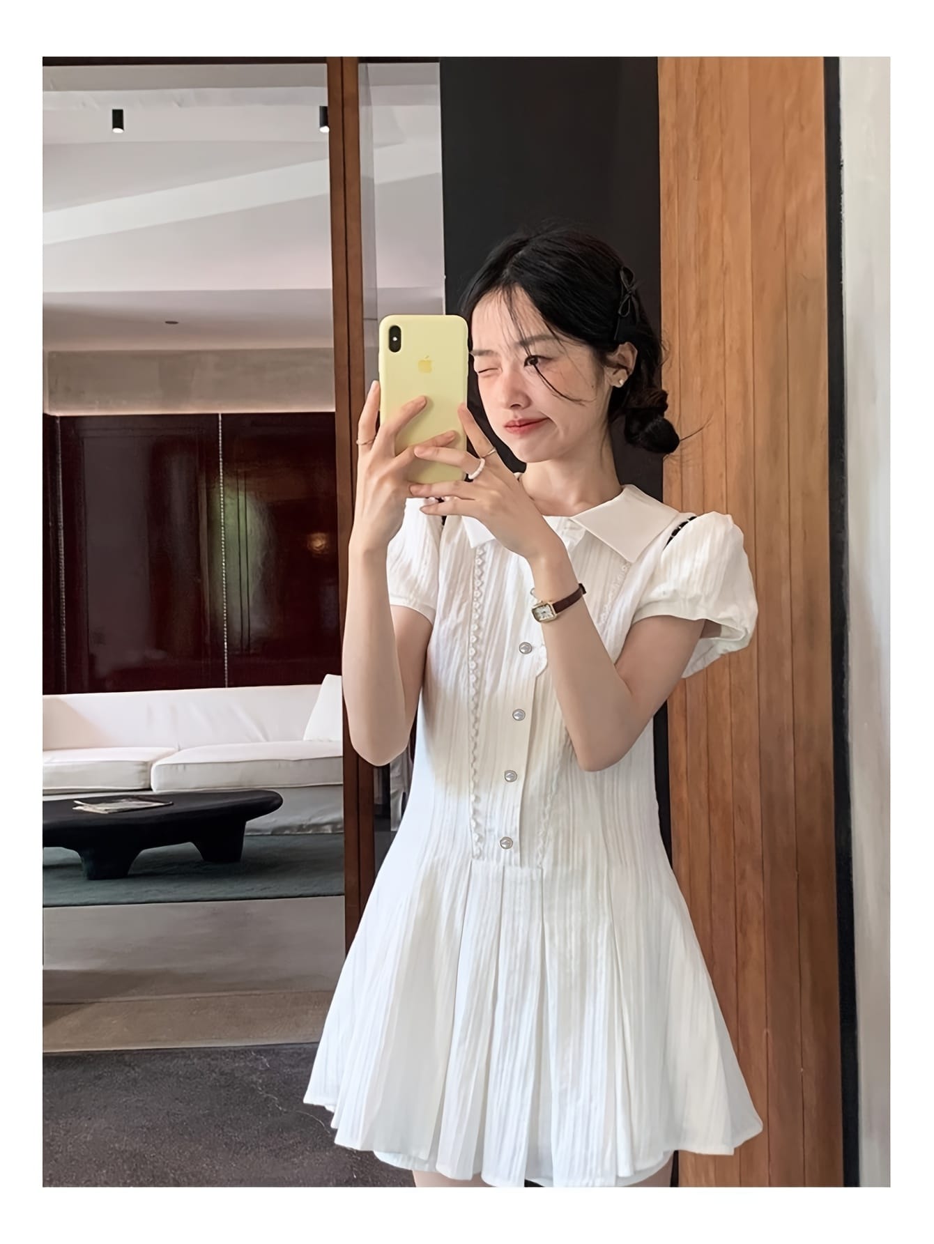 【大人可愛い】シャツワンピース ミニ 半袖 襟付き レディース シャツワンピ ミニワンピース チュニック ボリューム袖 バルーン袖 ウエストマーク 着痩せ 細見え 体型カバー 二の腕カバー 膝上 Aライン 韓国 ガーリー フェミニン きれいめ 清楚 デート お出かけ お嬢様|Nartooston