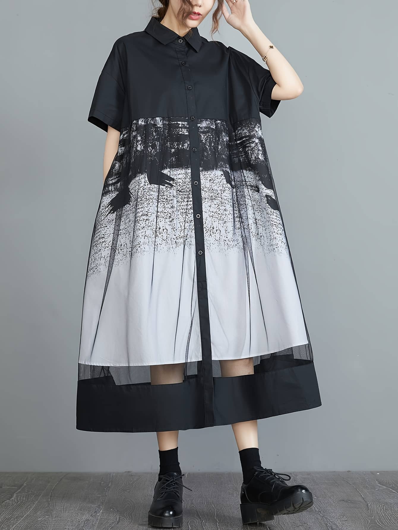 【重ね着風】シャツワンピース ロング チュール ワンピース レディース シアー メッシュ 切替 レイヤード 風 アート柄 グラデーション モノトーン 半袖 五分袖 Aライン 体型カバー ゆったり 大きいサイズ 襟付き 前開き 着痩せ 二の腕カバー 30代 40代 50代 大人可愛い｜Nartooston