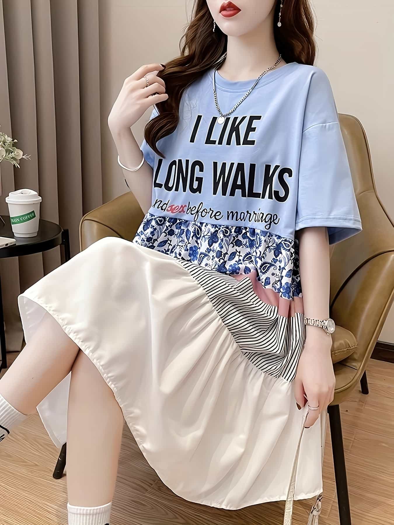 【切り替えデザイン】 Tシャツ ワンピース ロング丈 チュニック レディース 半袖 五分袖 ロゴ 英字 プリント ドッキング 切替 花柄 ストライプ 体型カバー 着痩せ 細見え お尻隠れる ゆったり 大きいサイズ カジュアル 大人可愛い 韓国 春 夏 新作 トップス 膝丈|Nartooston