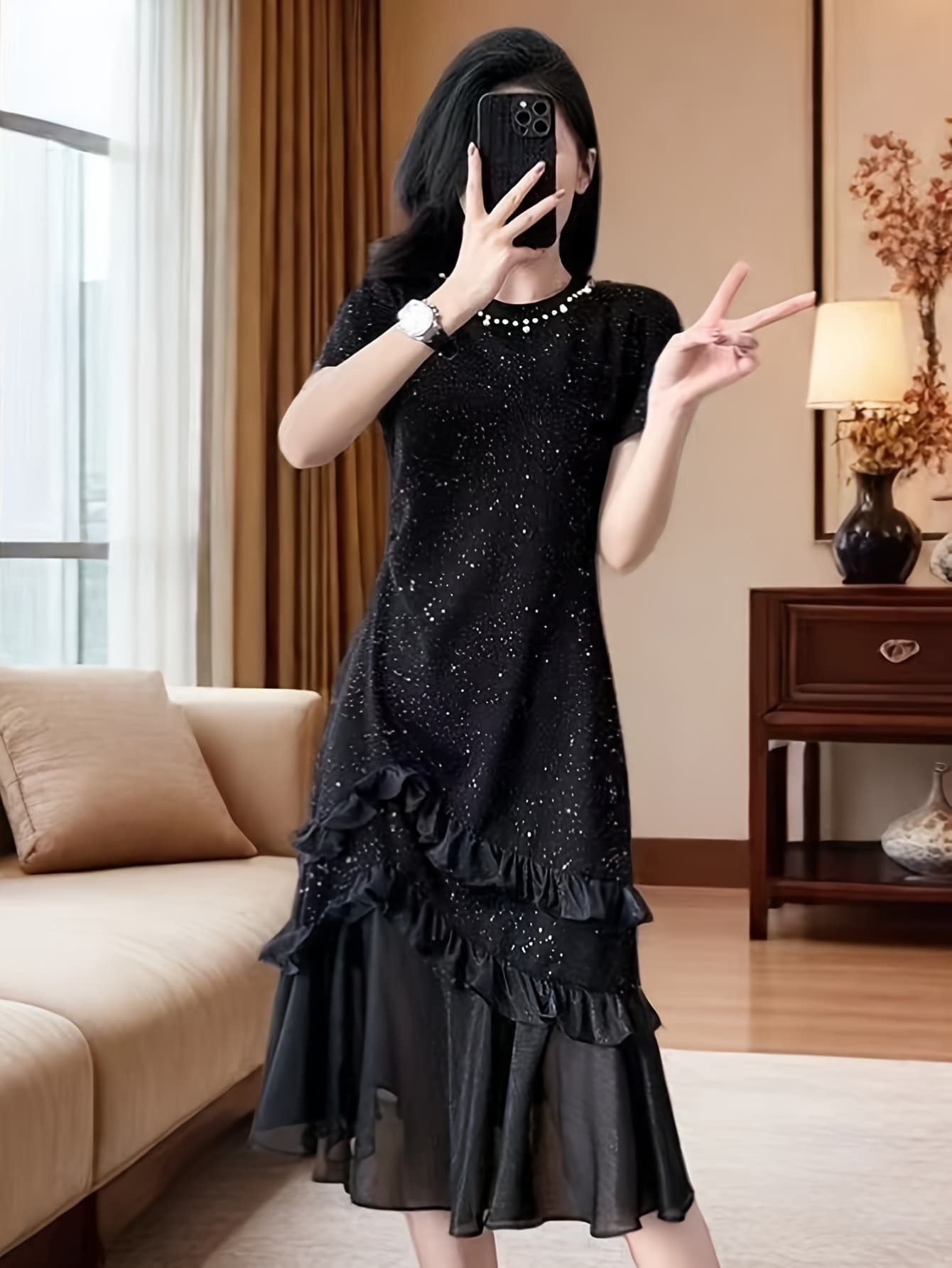 【パール付き】ワンピース レディース きれいめ 半袖 春 夏 秋 キラキラ ラメ 星屑 Aライン 裾フリル 切り替え ロングワンピース 膝下 ミモレ丈 クルーネック 丸首 体型カバー 着痩せ 細見え 透けない 二の腕カバー 洗える 結婚式 二次会 パーティー お呼ばれ 演奏会|Nartooston