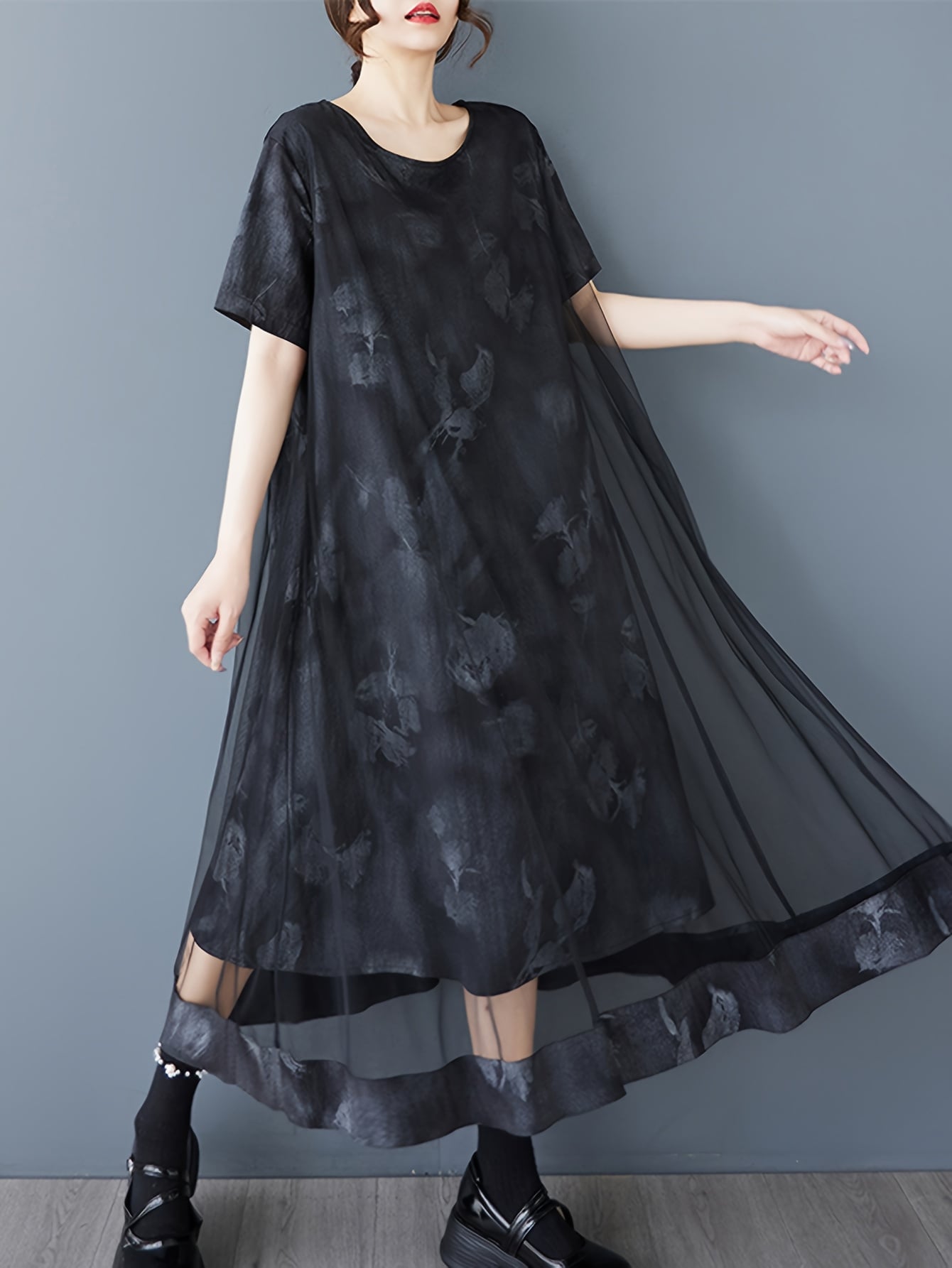 【モードな透け感】ワンピース レディース ロングワンピース チュール メッシュ 重ね着風 花柄 ニュアンス 総柄 半袖 クルーネック 丸首 マキシ丈 Aライン ゆったり 大きいサイズ 体型カバー 着痩せ 細見え 二の腕カバー 涼しい 30代 40代 50代 大人可愛い きれいめ|Nartooston