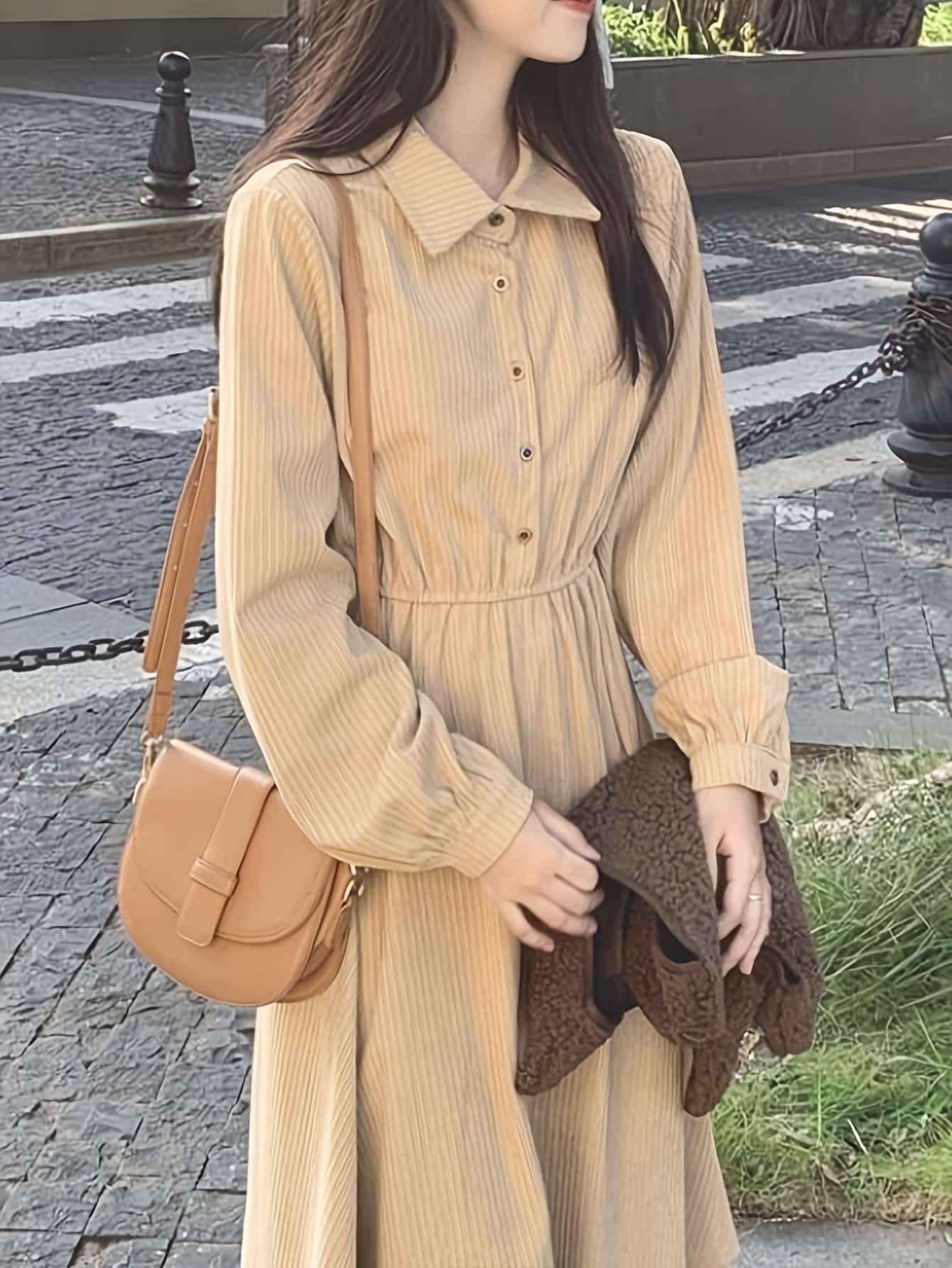 【大人可愛い】 コーデュロイ ワンピース ロング レディース 襟付き シャツワンピース ウエストマーク Aライン マキシ丈 ロングワンピース 長袖 体型カバー 着痩せ 細見え 無地 レトロ スタイルアップ 秋 冬 秋冬 通勤 通学 デート 女子会 20代 30代 40代 50代|Nartooston