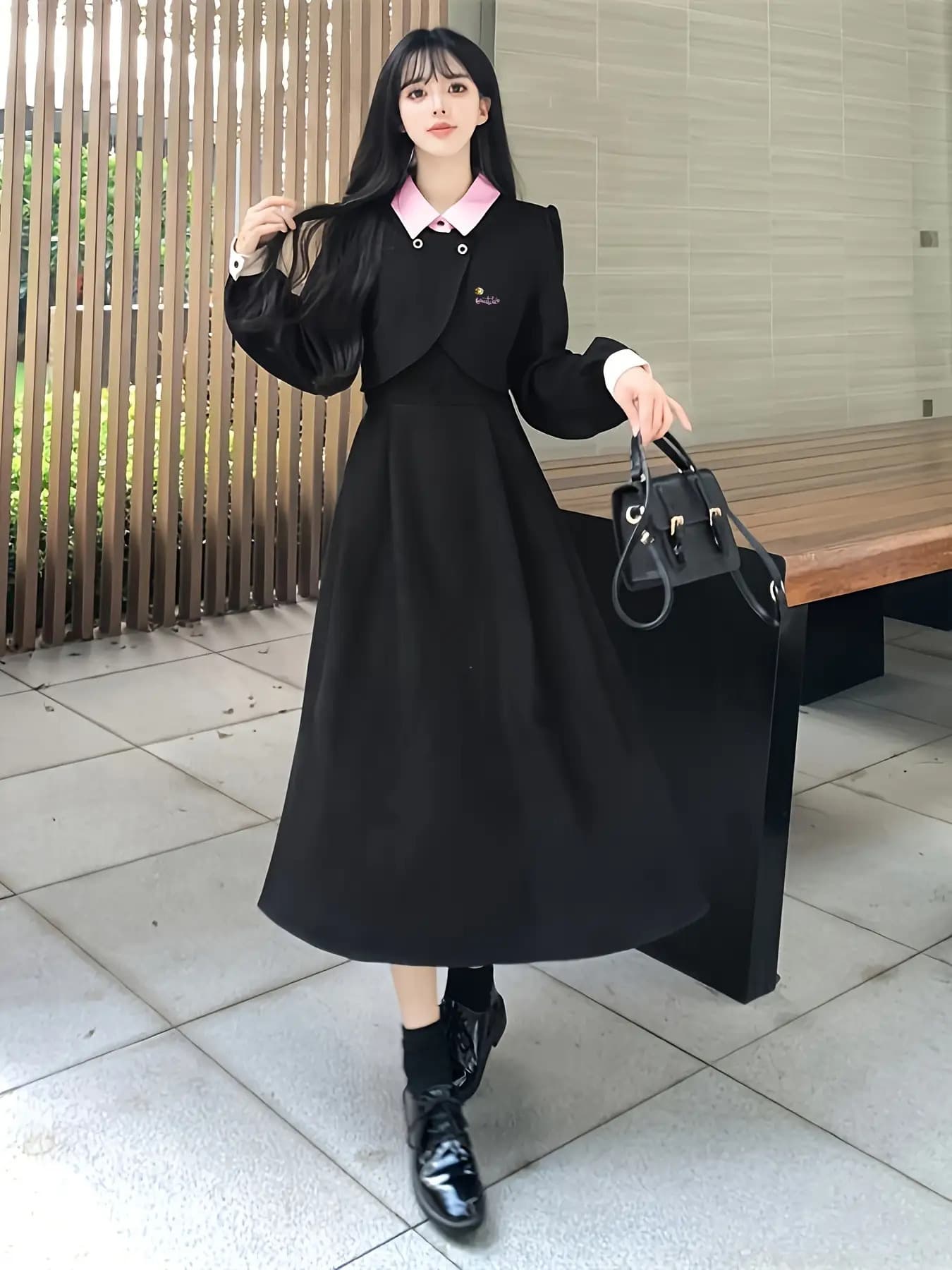 【バイカラー襟】 ワンピース レディース ロング 長袖 襟付き 配色 切替 重ね着風 ドッキング Aライン ロングワンピース マキシ丈 膝下 ミモレ丈 清楚 きれいめ 大人可愛い レトロ クラシック 事務服 オフィス 通勤 OL お呼ばれ 結婚式 二次会 謝恩会 行事 発表会｜Nartooston