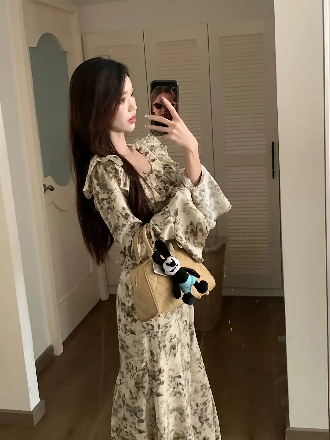 【レトロ花柄】 ワンピース レディース ロングワンピース ミモレ丈 スクエアネック フリル ボリューム袖 長袖 Aライン ウエストマーク 体型カバー 着痩せ 細見え 大人可愛い キレイめ フレンチ クラシック 春 秋 冬 通勤 オフィス デート 女子会 お呼ばれ 二次会|Nartooston