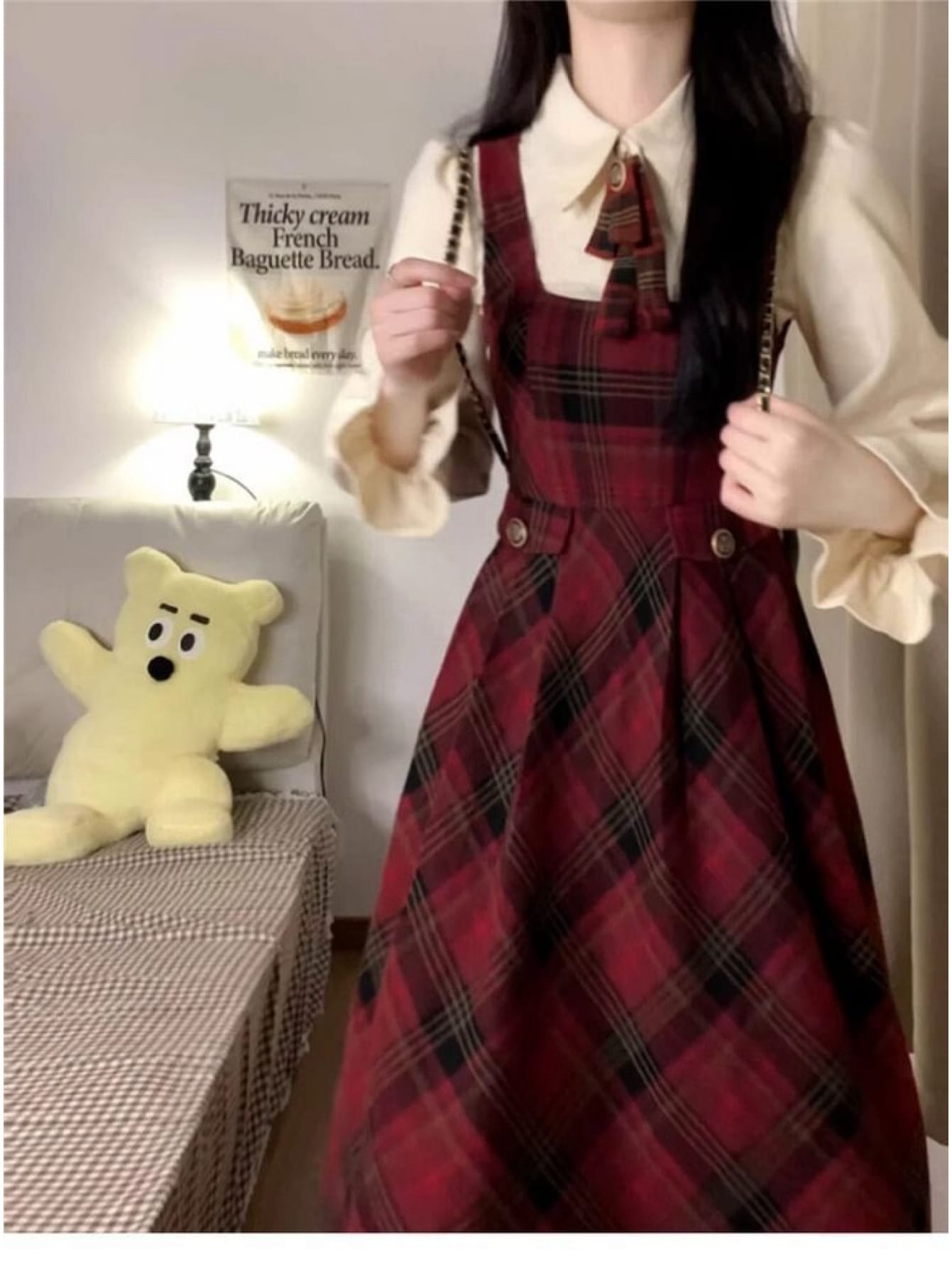 【セットアップ】クリスマス ワンピース チェック柄 2点セット ジャンパースカート ジャンスカ ブラウス リボン タータンチェック 赤 膝丈 ロング Ａライン レトロ フレンチガーリー 韓国 秋冬 長袖 ボリューム袖 体型カバー 着痩せ 細見え 大人可愛い お呼ばれ デート｜Nartooston