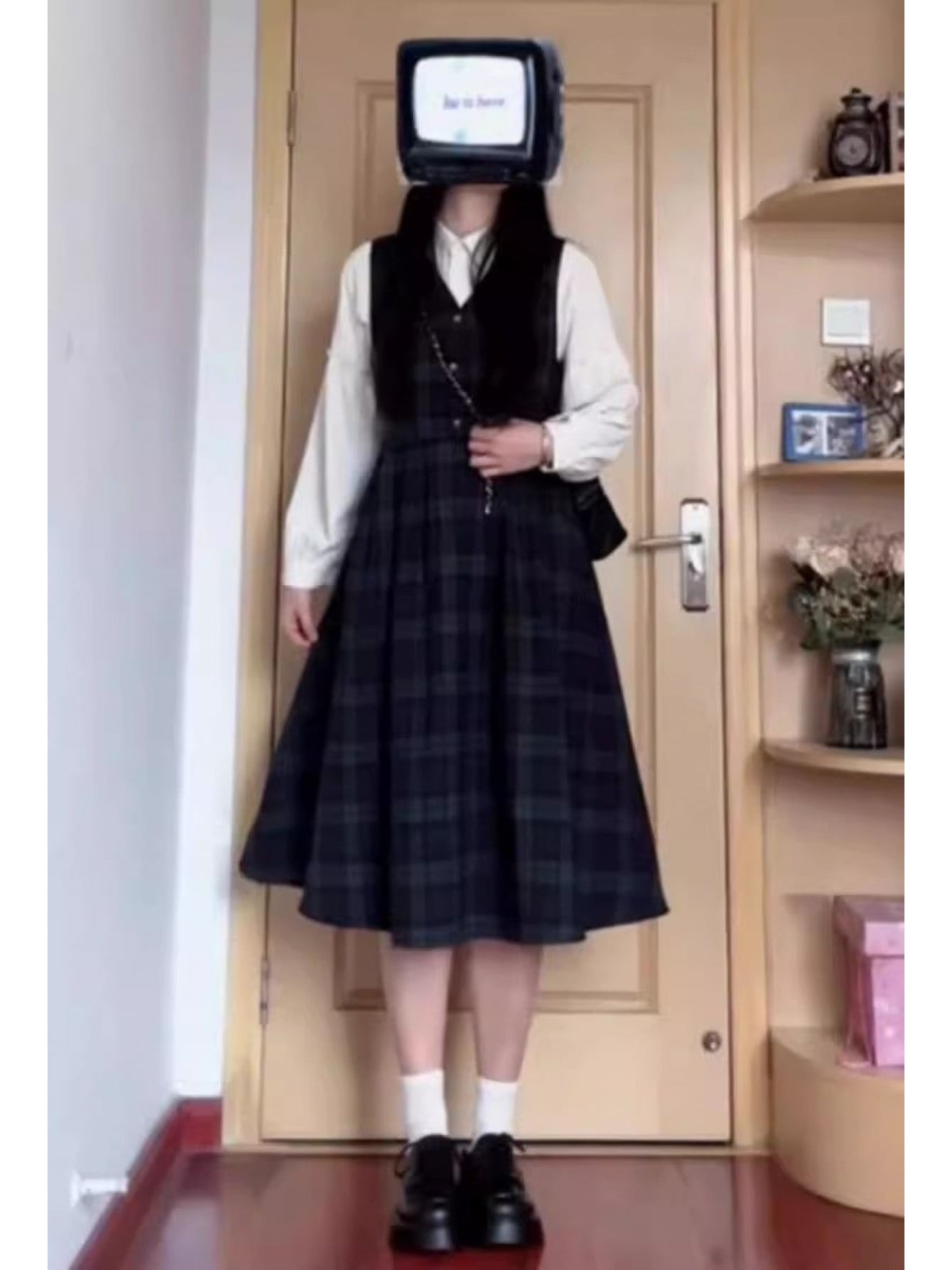 【2点セット】ジャンパースカート ブラウス セット チェック柄 ジャンスカ ワンピース サロペット ミモレ丈 Aライン シャツ 長袖 セットアップ 体型カバー 着痩せ 細見え ウエストマーク 大きいサイズ 春 秋 冬 レディース 大人可愛い レトロ トラッド 通勤 通学|Nartooston