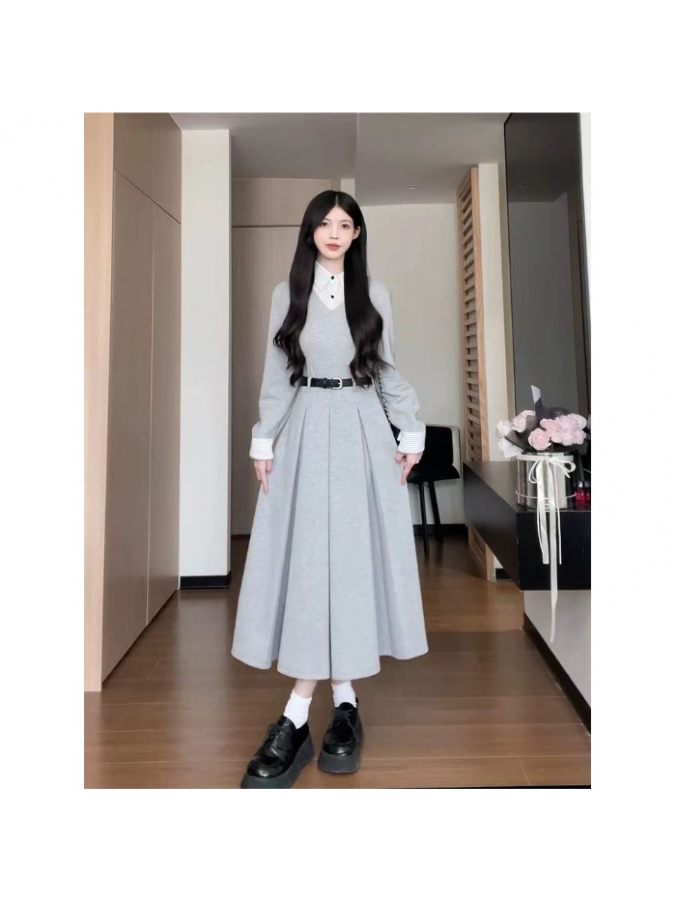 【重ね着風】 ワンピース レディース ロングワンピース 襟付き 長袖 ベルト付 ウエストマーク Aライン タック マキシワンピース ロング丈 きれいめ カジュアル オフィス 通勤 OL 体型カバー 着痩せ 細見え 20代 30代 40代 50代 秋 冬 春 2025 新作 グレー 灰色|Nartooston