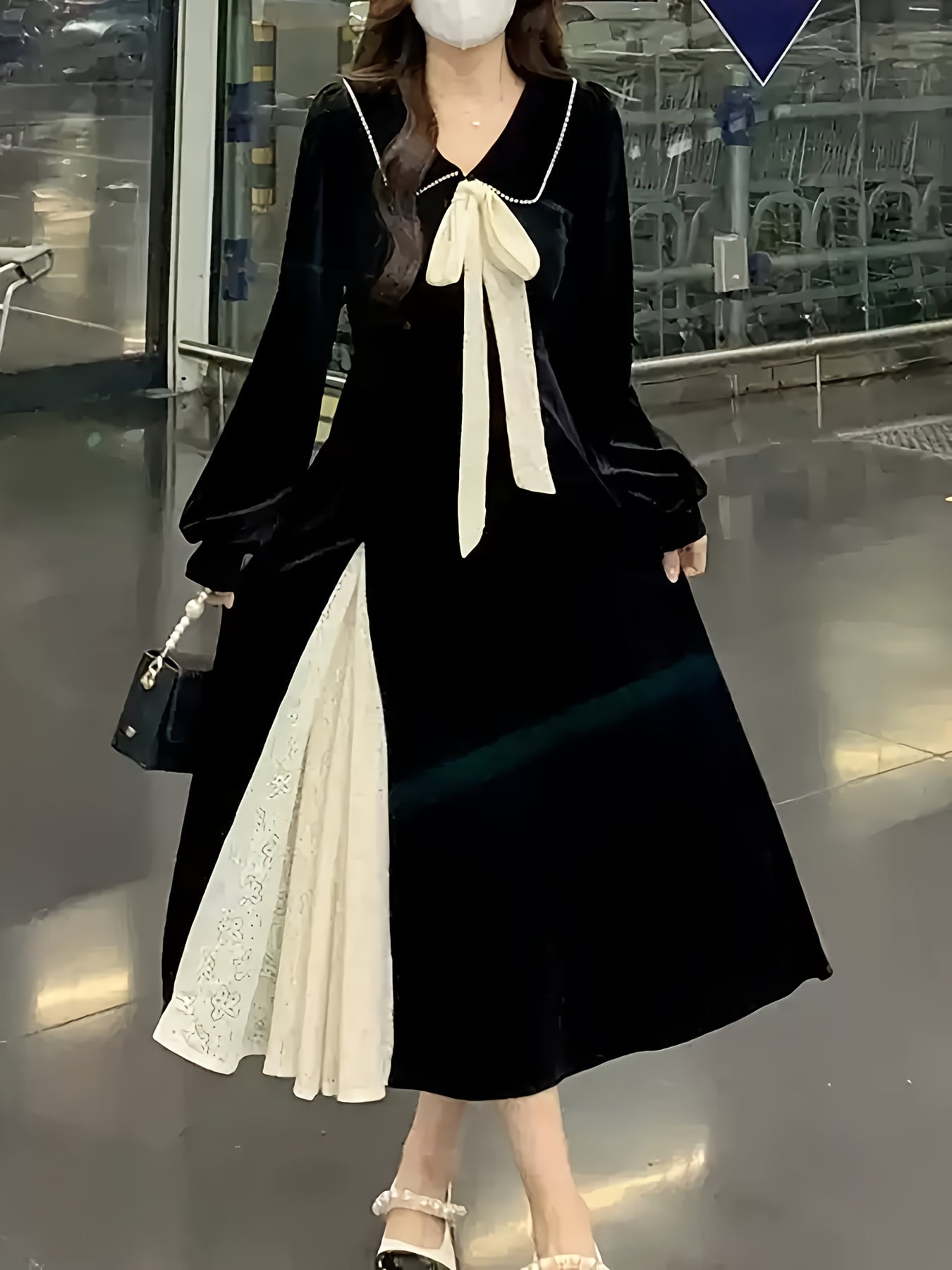 【レトロ可愛い】ベロア ワンピース ロング 襟付き リボン ベルベット Ａライン 膝下 長袖 切替 レース 異素材 ワンピ レディース ドレス ビッグカラー ボウタイ ウエストマーク 着痩せ 体型カバー 細見え 華奢見え 二の腕カバー 結婚式 二次会 お呼ばれ パーティー｜Nartooston