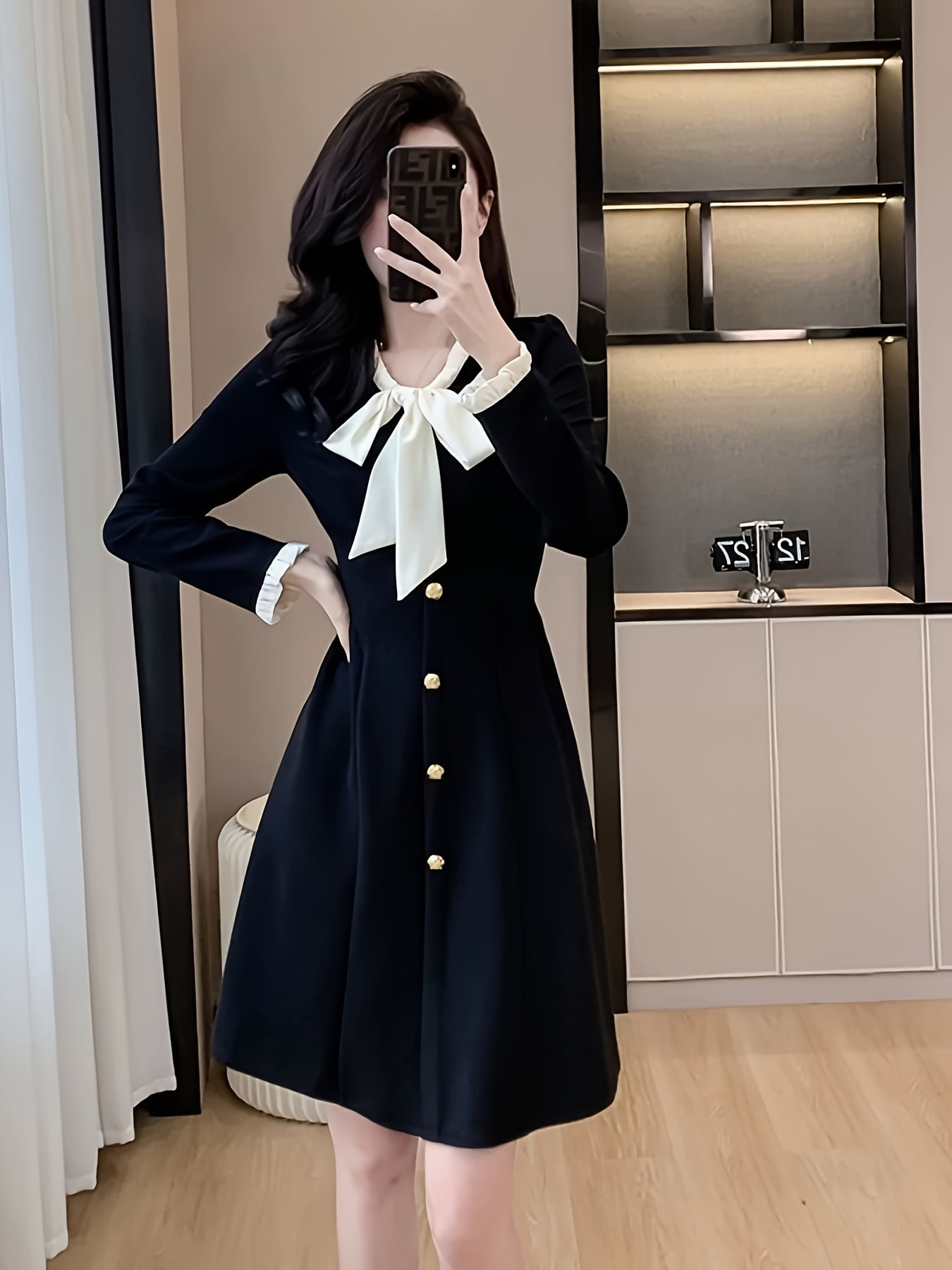 【リボンタイ】 ワンピース レディース 長袖 Aライン 膝丈 ブラックフォーマル 黒 ワンピ ドレス パーティードレス 膝下 バイカラー 切り替え 襟付き フロントボタン 金ボタン きれいめ 大人可愛い クラシカル レトロ 結婚式 二次会 お呼ばれ オフィス 通勤 卒園式|Nartooston