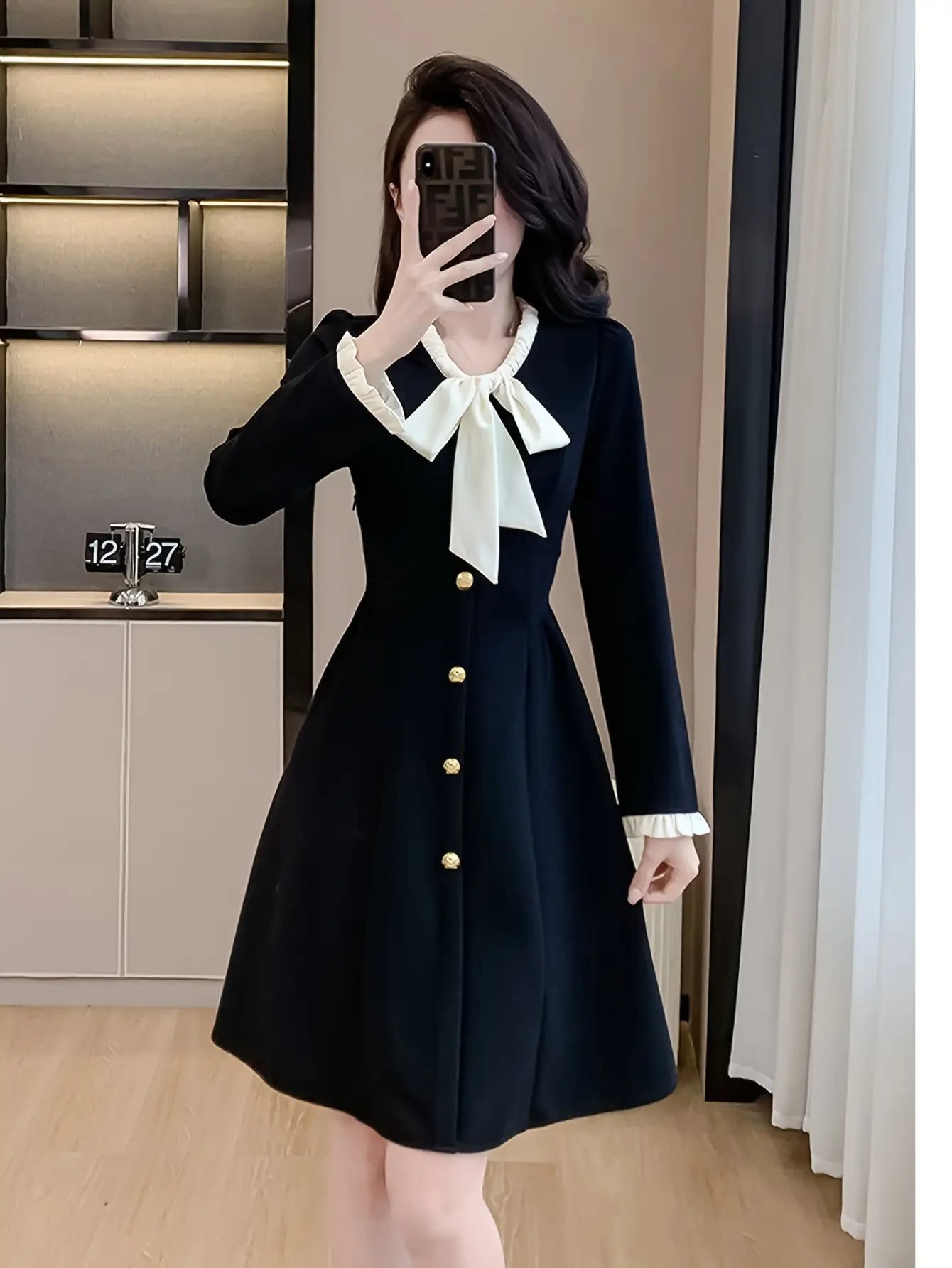 【バイカラー】ワンピース レディース 長袖 膝丈 リボン ボウタイ Aライン ワンピ 黒 ブラック きれいめ ドレス 結婚式 二次会 パーティー お呼ばれ お嬢様 クラシック レトロ 大人可愛い おしゃれ 体型カバー 着痩せ 細見え 20代 30代 40代 通勤 OL｜Nartooston