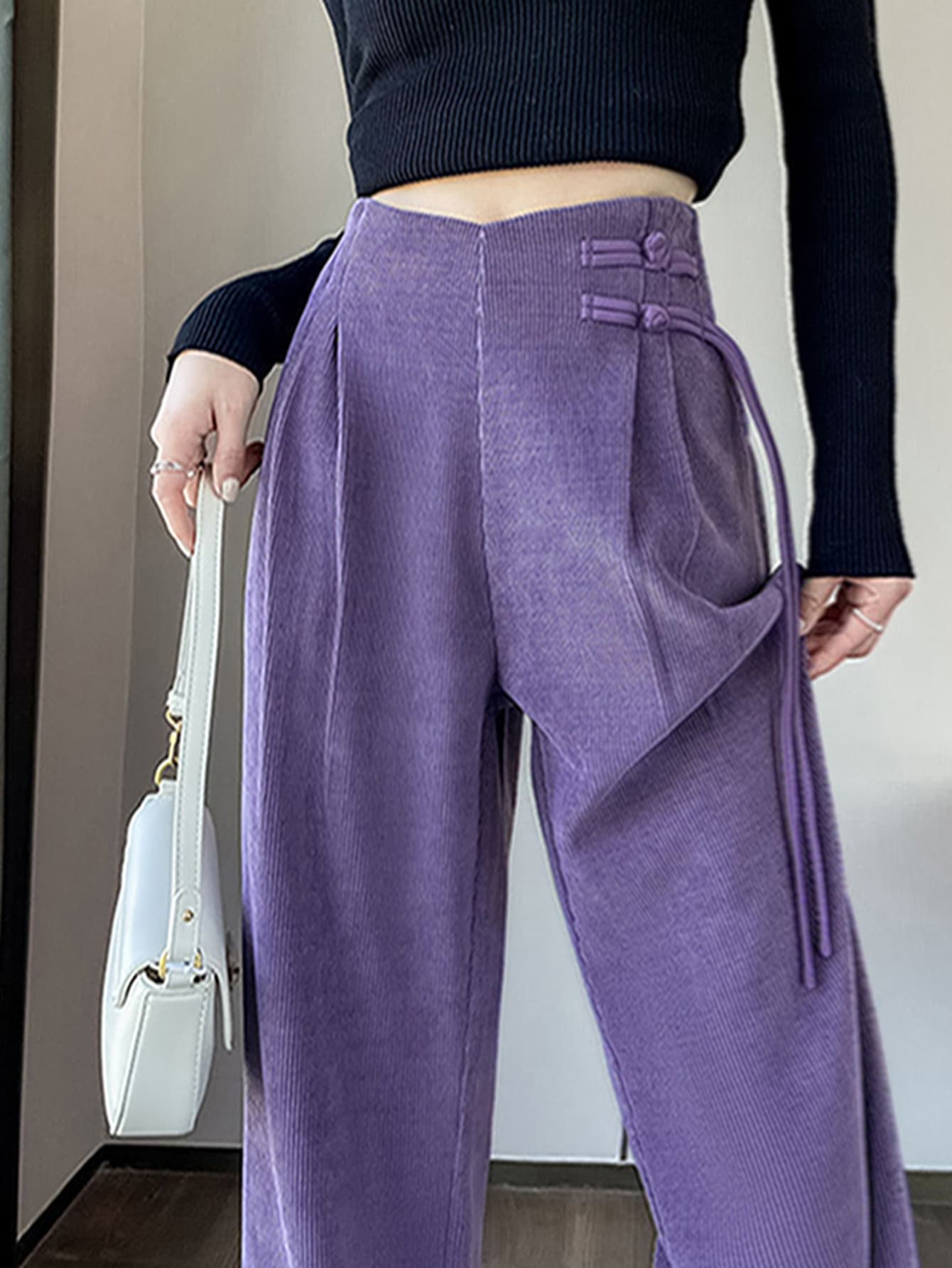 【チャイナボタン】ワイドパンツ レディース ストレートパンツ スラックス ズボン ボトムス ロングパンツ ハイウエスト タック コーデュロイ風 リブ 無地 体型カバー 着痩せ 細見え 脚長 美脚 楽ちん オフィス 通勤 OL きれいめ カジュアル モード系 大人可愛い 春 秋｜Nartooston
