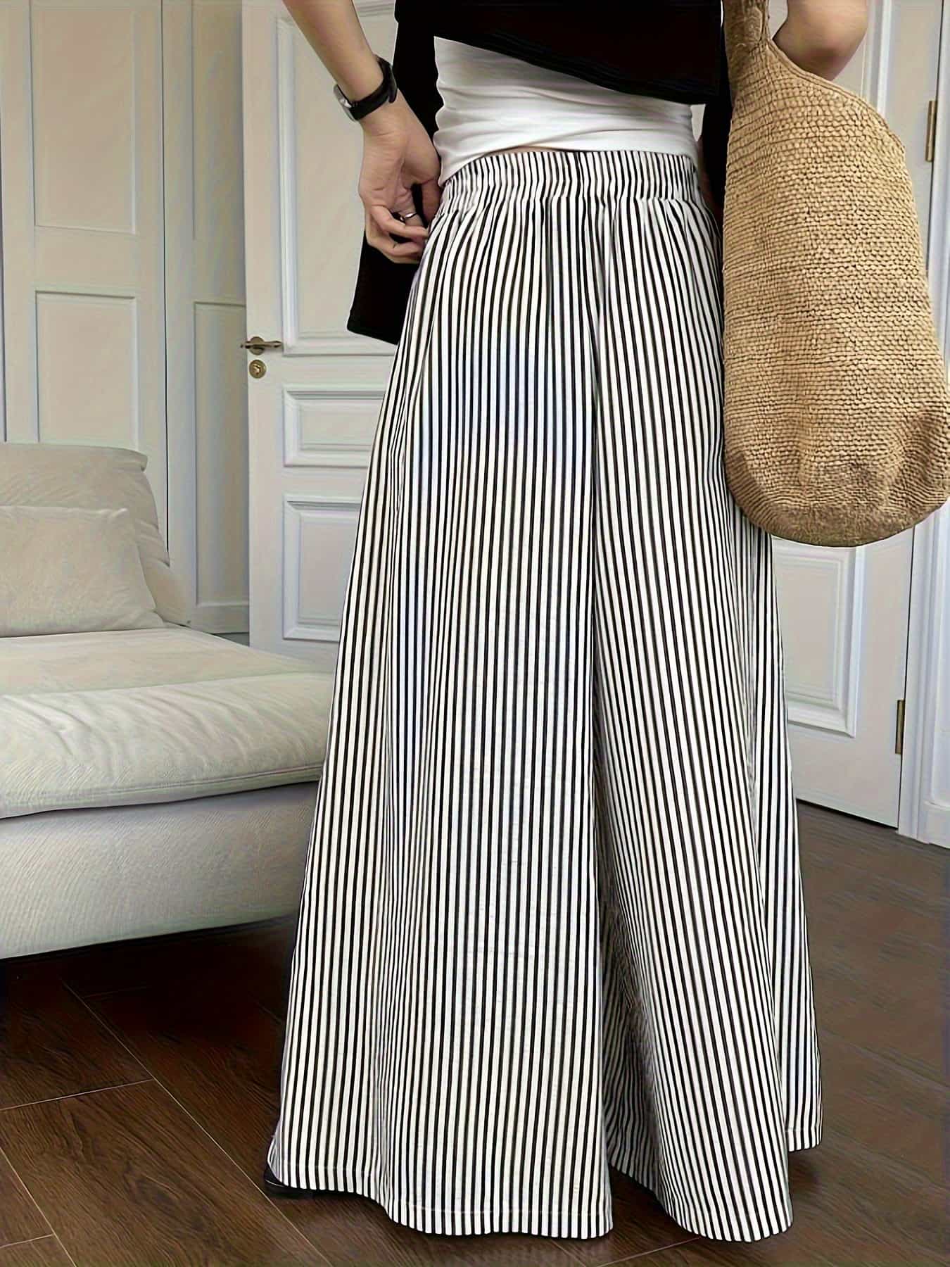 【脚長美脚】ワイドパンツ レディース ストライプ ガウチョパンツ 縦縞 ストライプ柄 ボトムス ズボン ロングパンツ ハイウエスト ウエストゴム ゆったり 大きいサイズ 体型カバー 着痩せ 楽ちん 涼しい 接触冷感風 通勤 オフィス OL カジュアル デイリー 旅行｜Nartooston