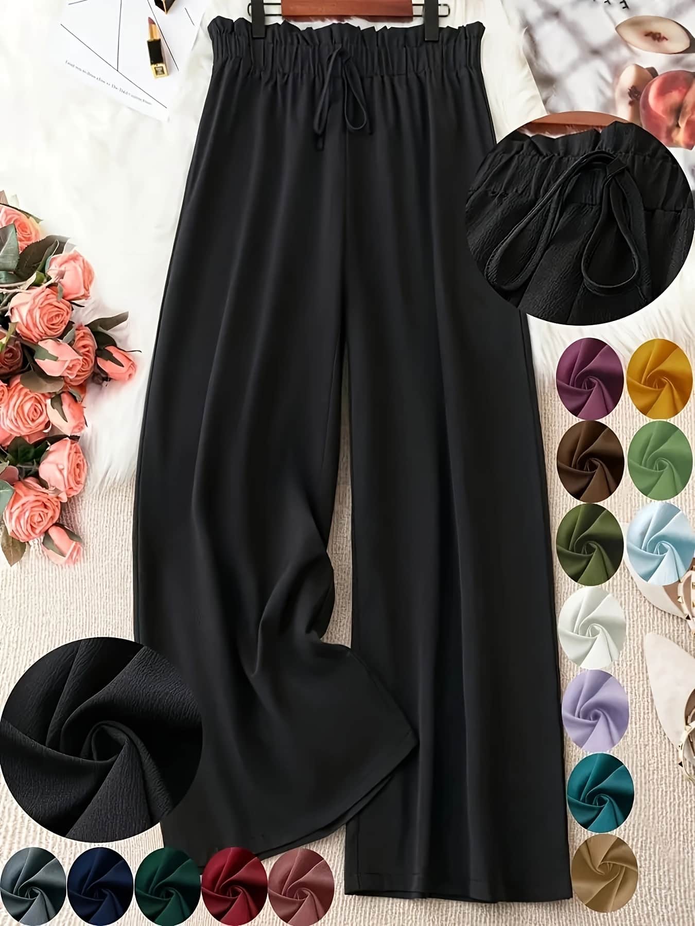 【体型カバー】ワイドパンツ レディース ストレートパンツ 大きいサイズ ウエストゴム ドロスト 紐付き 楽ちん ズボン ボトムス 落ち感 さらさら 涼しい 脚長 美脚 着痩せ 細見え ゆったり カジュアル きれいめ 無地 オフィス 通勤 普段着 部屋着 春 夏 秋 30代 40代｜Nartooston