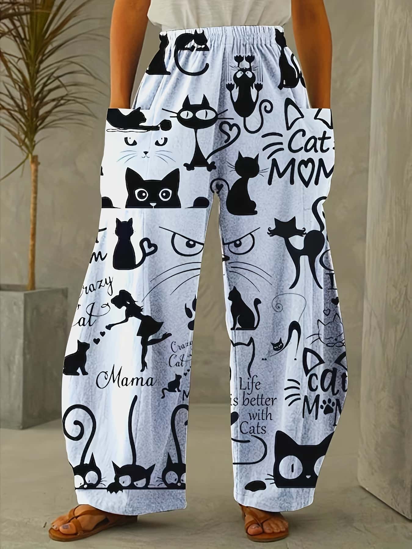 【猫好き必見】ワイドパンツ レディース 猫柄 プリント ロングパンツ ズボン ゆったり 大きいサイズ ボトムス ガウチョパンツ 総柄 アニマル ネコ キャット ウエストゴム 楽ちん ポケット付 体型カバー 着痩せ 脚長 美脚 綿混風 涼しい 春 夏 秋 部屋着 ルームウェア|Nartooston