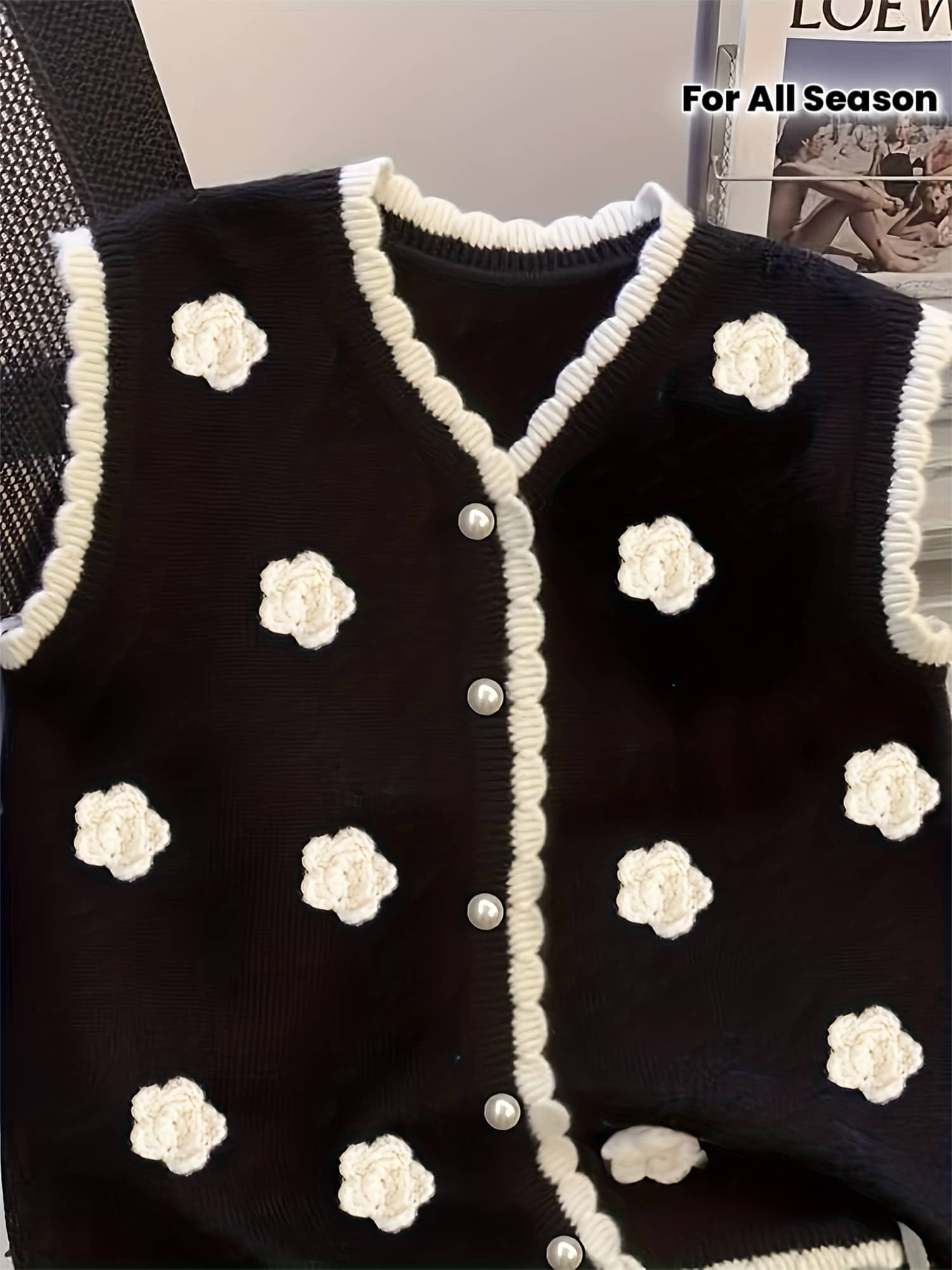 【3D立体花モチーフ】 ニットベスト レディース ジレ 前開き パール調ボタン トップス Vネック チョッキ 花柄 刺繍? 配色 バイカラー 重ね着 レイヤード ノースリーブ セーター カーディガン 韓国ファッション 大人可愛い レトロ カジュアル 体型カバー 着痩せ｜Nartooston