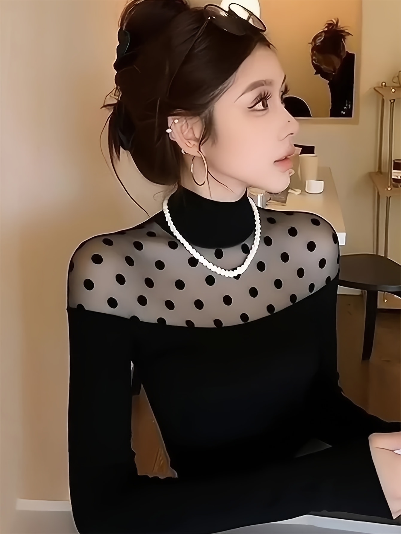 【ドット柄シアー】トップス レディース ハイネック ボトルネック カットソー ドット 水玉 シースルー チュール メッシュ 切替 長袖 インナー 重ね着 ロンT 伸縮性 ストレッチ スリム フィット 着痩せ 細見え 華奢見え きれいめ フェミニン 大人可愛い カジュアル｜Nartooston