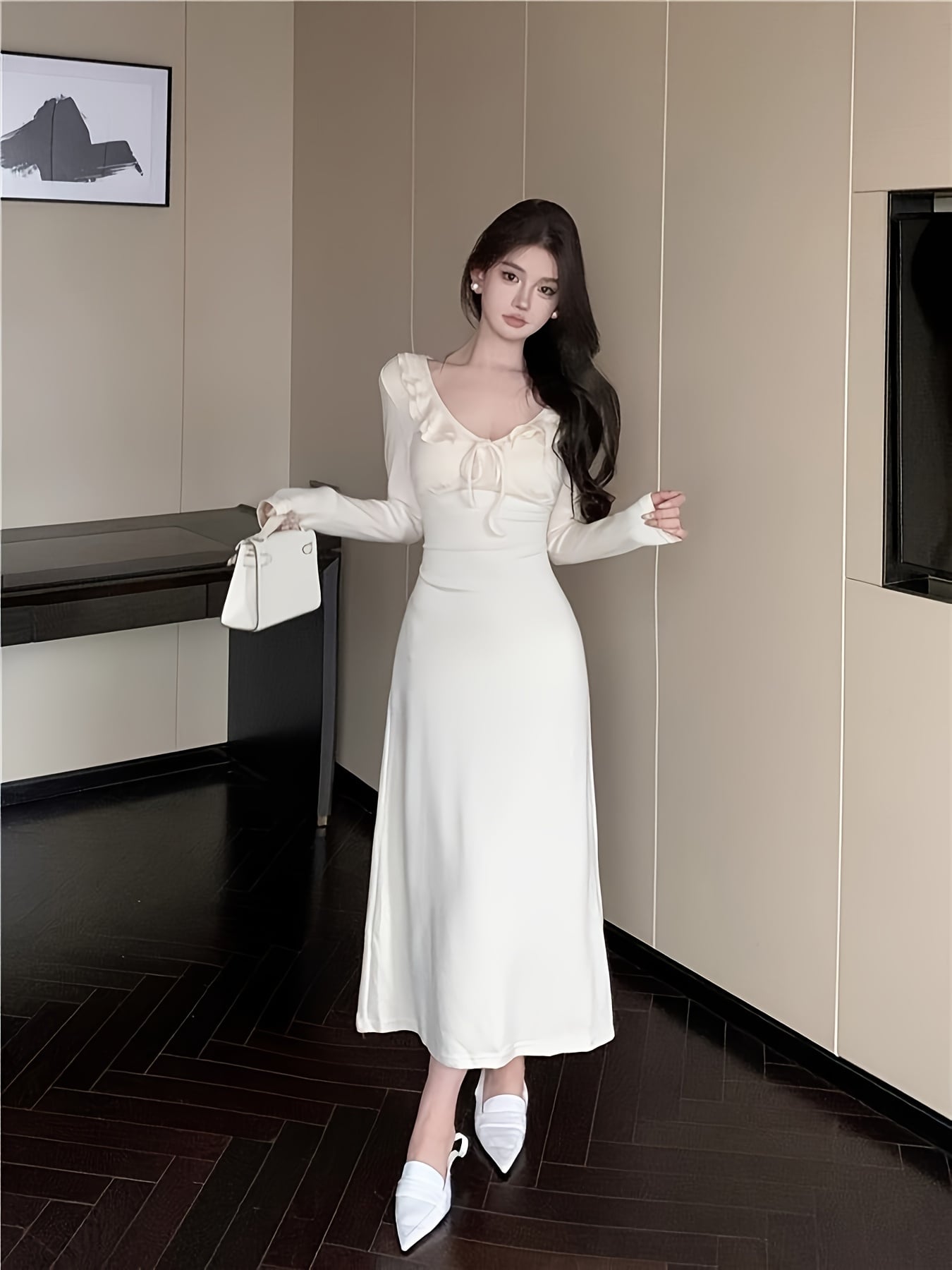 【大人可愛い】 ワンピース ロング レディース 長袖 Vネック フリル リボン ウエストマーク ロングワンピース ミモレ丈 膝下 Aライン タイト 清楚 フェミニン きれいめ オフィス 通勤 OL ママコーデ 春 秋 冬 秋冬 着痩せ 細見え 体型カバー 脚長効果 無地 白 ホワイト｜Nartooston