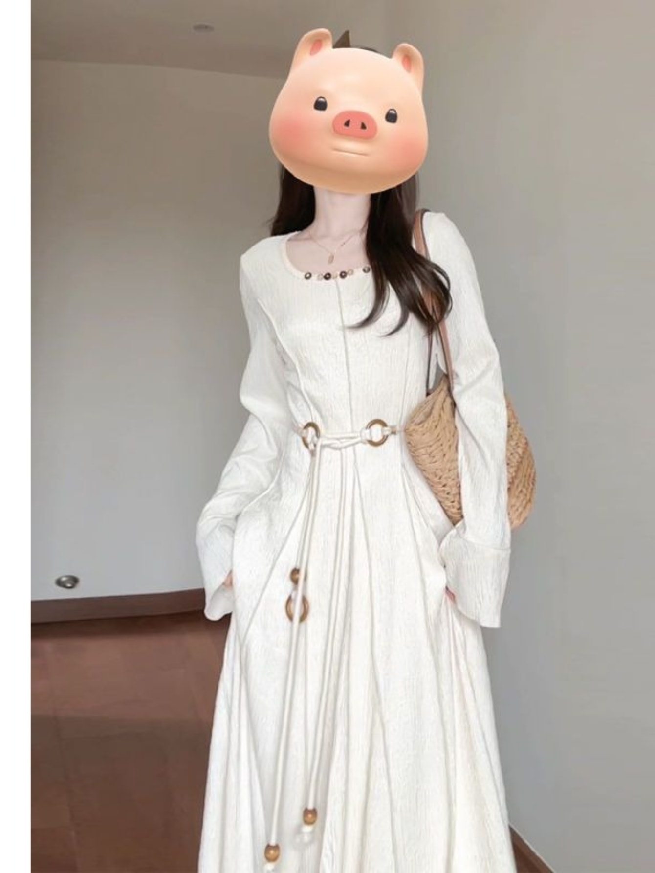 【大人可愛い】ワンピース レディース ロング マキシ丈 スクエアネック 長袖 民族風 ボヘミアン ウエストマーク ウエストリボン 凹凸感 表面感 リンクル加工 着痩せ 体型カバー 二の腕カバー 脚長 美脚 春 秋 冬 ホワイト 白 アイボリー カジュアル きれいめ リゾート|Nartooston