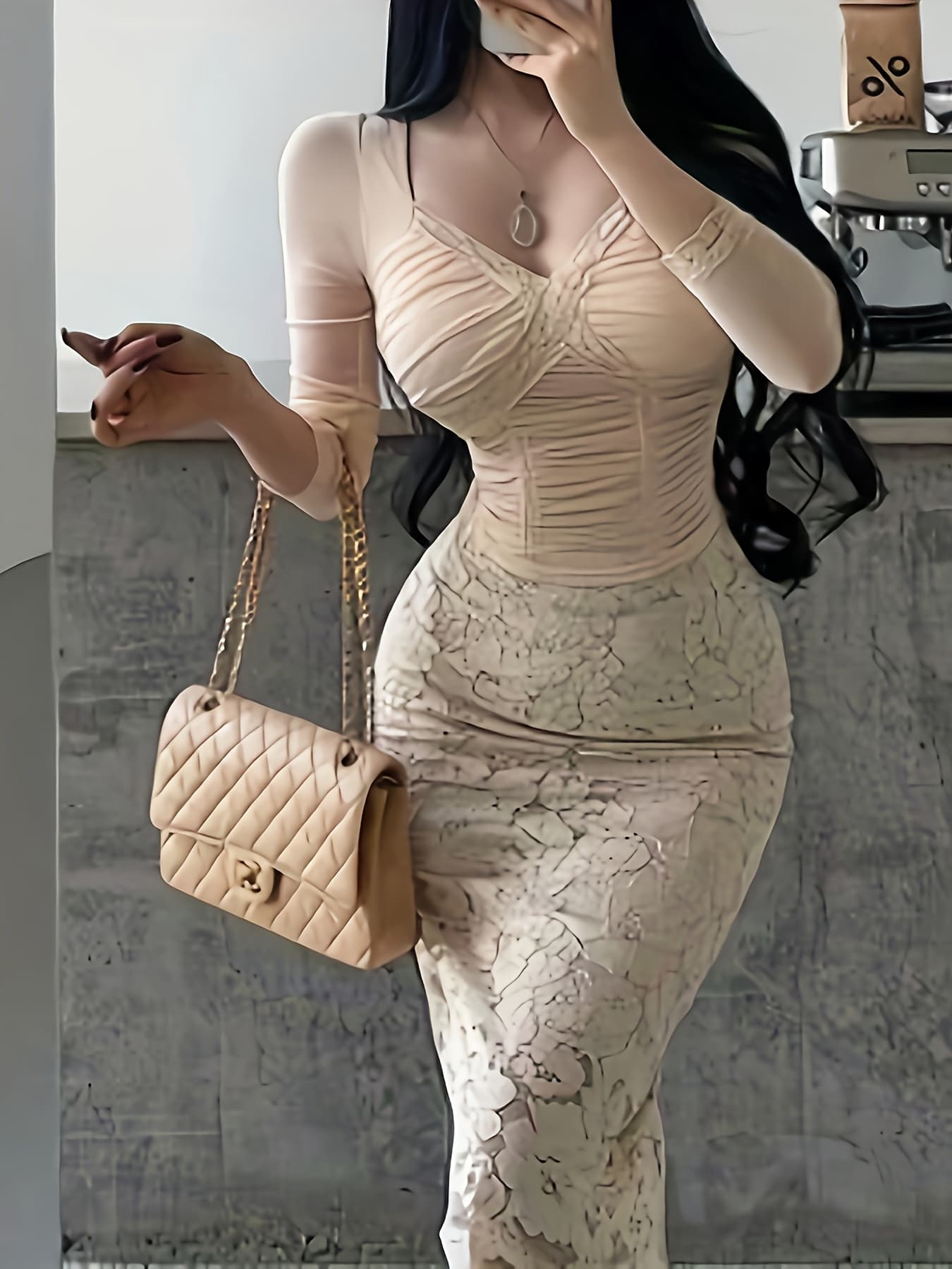 【大人の色気】ワンピース レディース タイトワンピース レース ロング丈 長袖 シャーリング ギャザー ドレス ボディコン セクシー きれいめ 大人可愛い エレガント ハイウエスト 着痩せ 細見え 痩せ見え Vネック 透け感 シアー パーティー 二次会 結婚式 お呼ばれ｜Nartooston