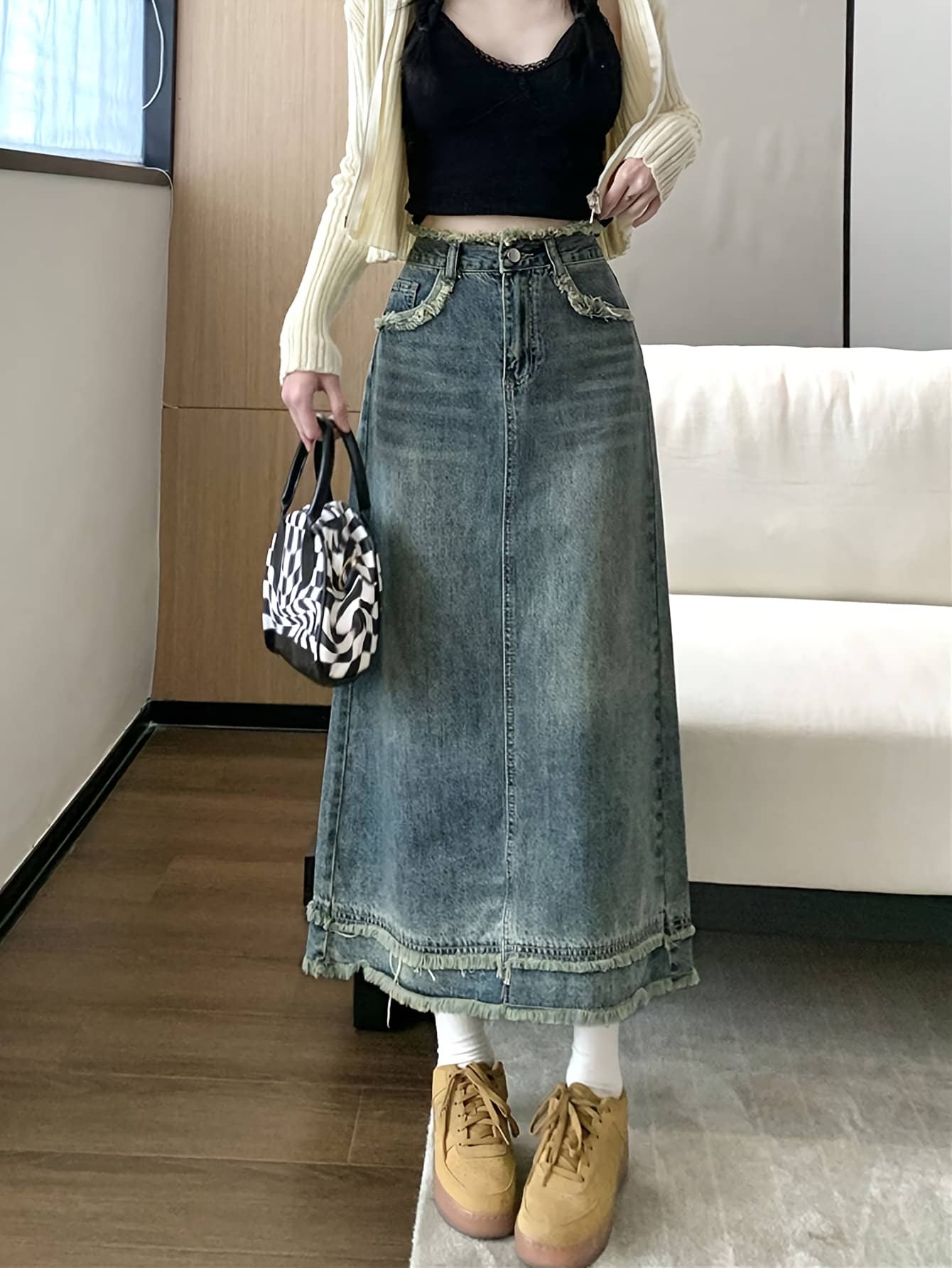 【フリンジ加工】デニムスカート ロング レディース タイトスカート ハイウエスト スリット 切りっぱなし ボトムス ジーンズ ジーパン Aライン ミモレ丈 ロング丈 ユーズド風 リメイク風 カットオフ 体型カバー 着痩せ 脚長 美脚 カジュアル 大人可愛い 春 夏 秋 冬｜Nartooston