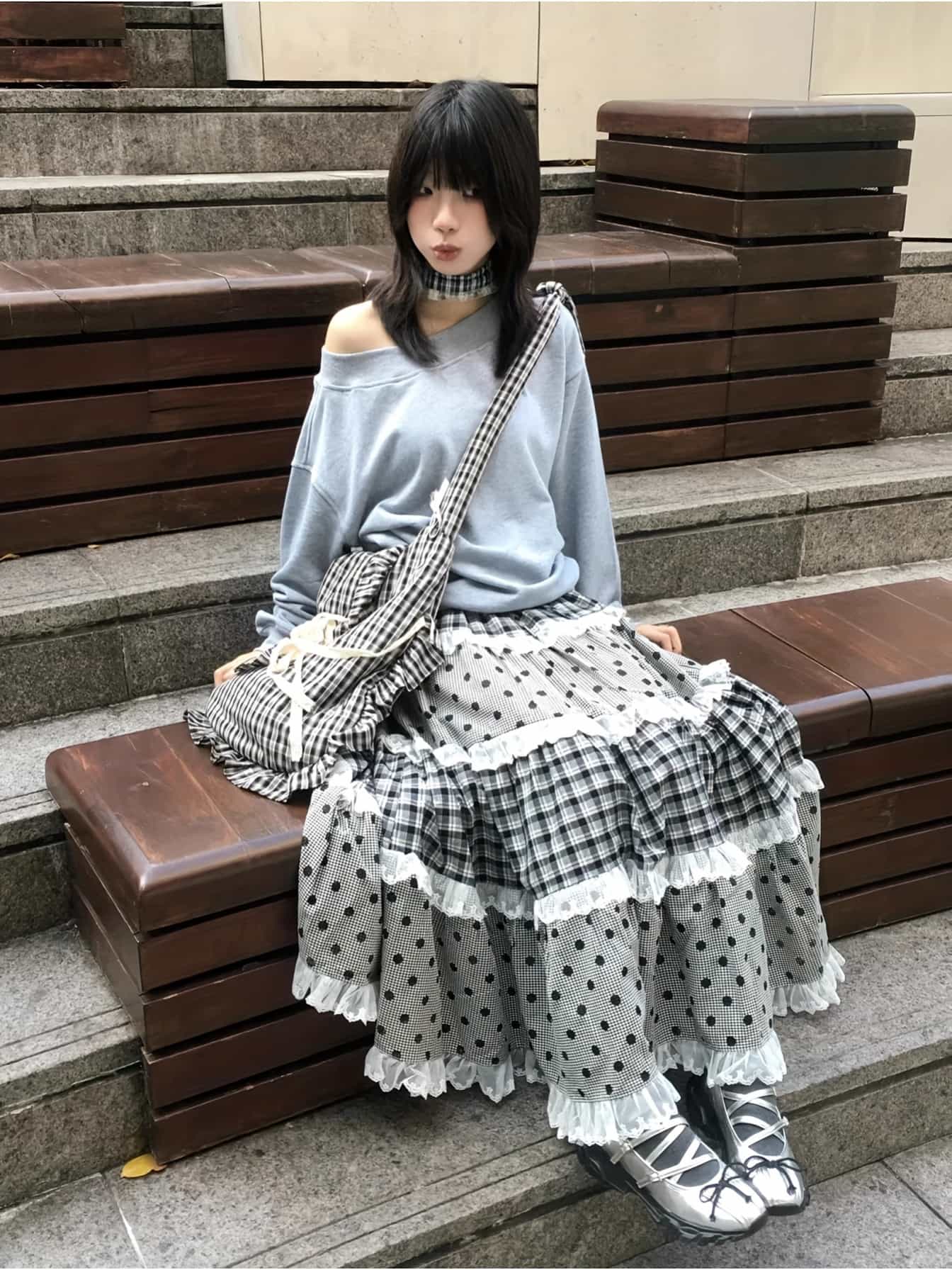【大人可愛い】ティアードスカート ロングスカート レディース ギンガムチェック ドット柄 水玉 切替 パッチワーク レース フリル マキシ丈 Aライン ウエストゴム 楽ちん ボトムス 体型カバー 着痩せ 細見え 脚長効果 レトロ ヴィンテージ風 原宿系 地雷系 量産型|Nartooston