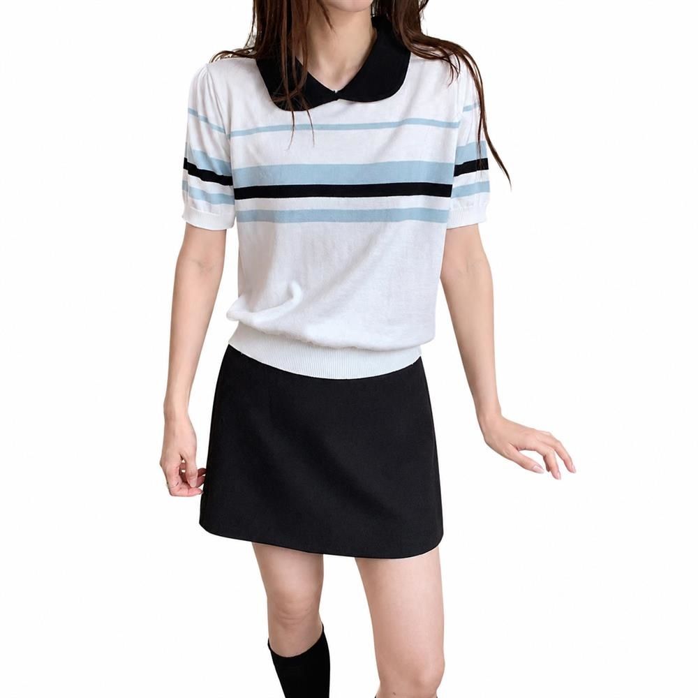 ポロシャツ レディース サマーニット ボーダー 襟付き 半袖 トップス 大人可愛い カジュアル 抜け感 夏服 柔らかい 通学 通勤 きれいめ 事務 プルオーバー 涼しい｜Nartooston