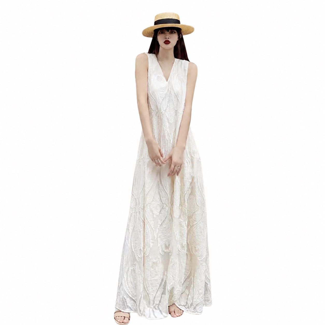ワンピース ロング レディース 夏 大人可愛い ノースリーブ 体型カバー シルエット ジャガード 立体織り マキシ丈 上品 リゾート お呼ばれ デート｜Nartooston