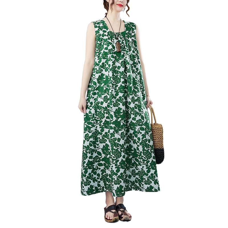 ロングワンピース レディース ノースリーブ マキシ丈 前後両用 ボタニカル柄 体型カバー ゆったり テンセル混 リゾート カジュアル 春 夏 旅行｜Nartooston