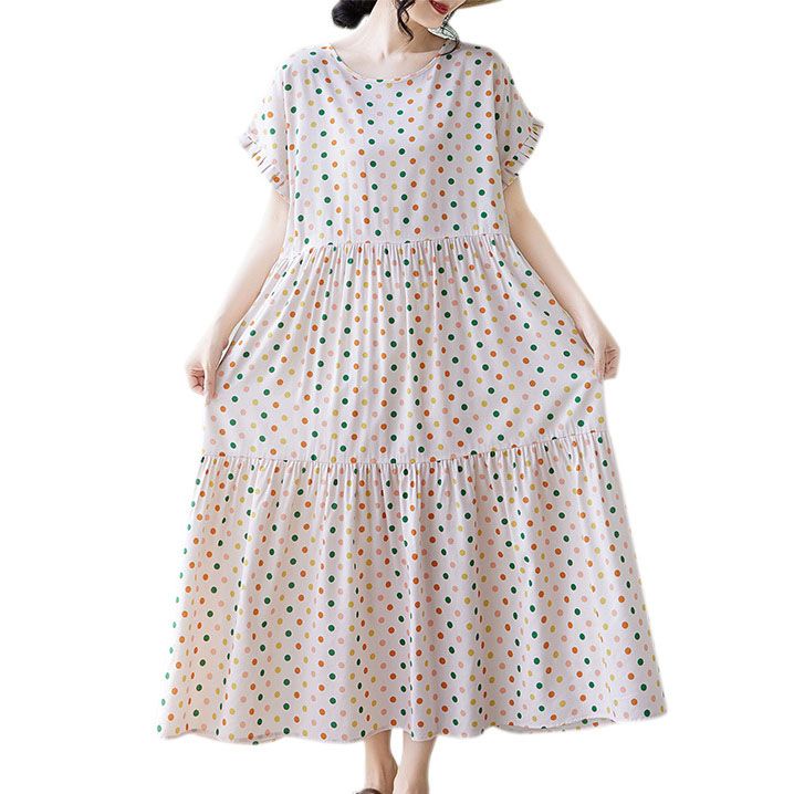 ロングワンピース レディース 夏 半袖 マキシ丈 水玉 ドット柄 ティアード ゆったり 大きいサイズ 綿混 ナチュラル 森ガール 体型カバー 着痩せ カジュアル｜Nartooston