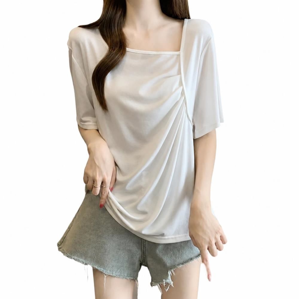 シャツ レディース 半袖 カットソー トップス アシメネック ドレープ ゆったり 着痩せ 体型カバー おしゃれ きれいめ カジュアル 通勤 薄手 柔らかい 伸縮性｜Nartooston