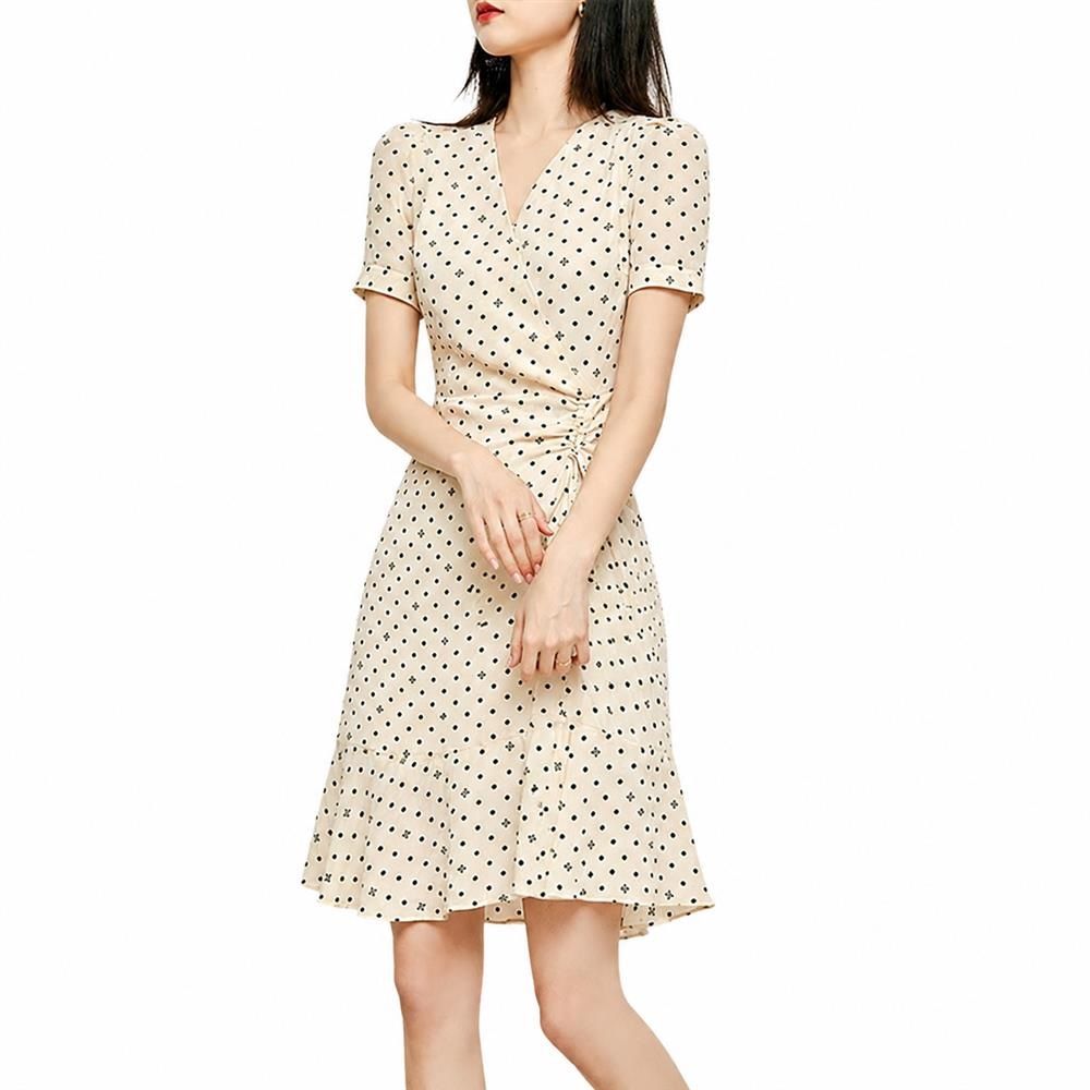 ワンピース レディース Vネック カシュクール ドット柄 シフォン 半袖 膝丈 着痩せ 体型カバー 春 夏 きれいめ 上品 大人可愛い レトロ ギャザー ウエストマーク ドレープ 裾フリル エレガント｜Nartooston