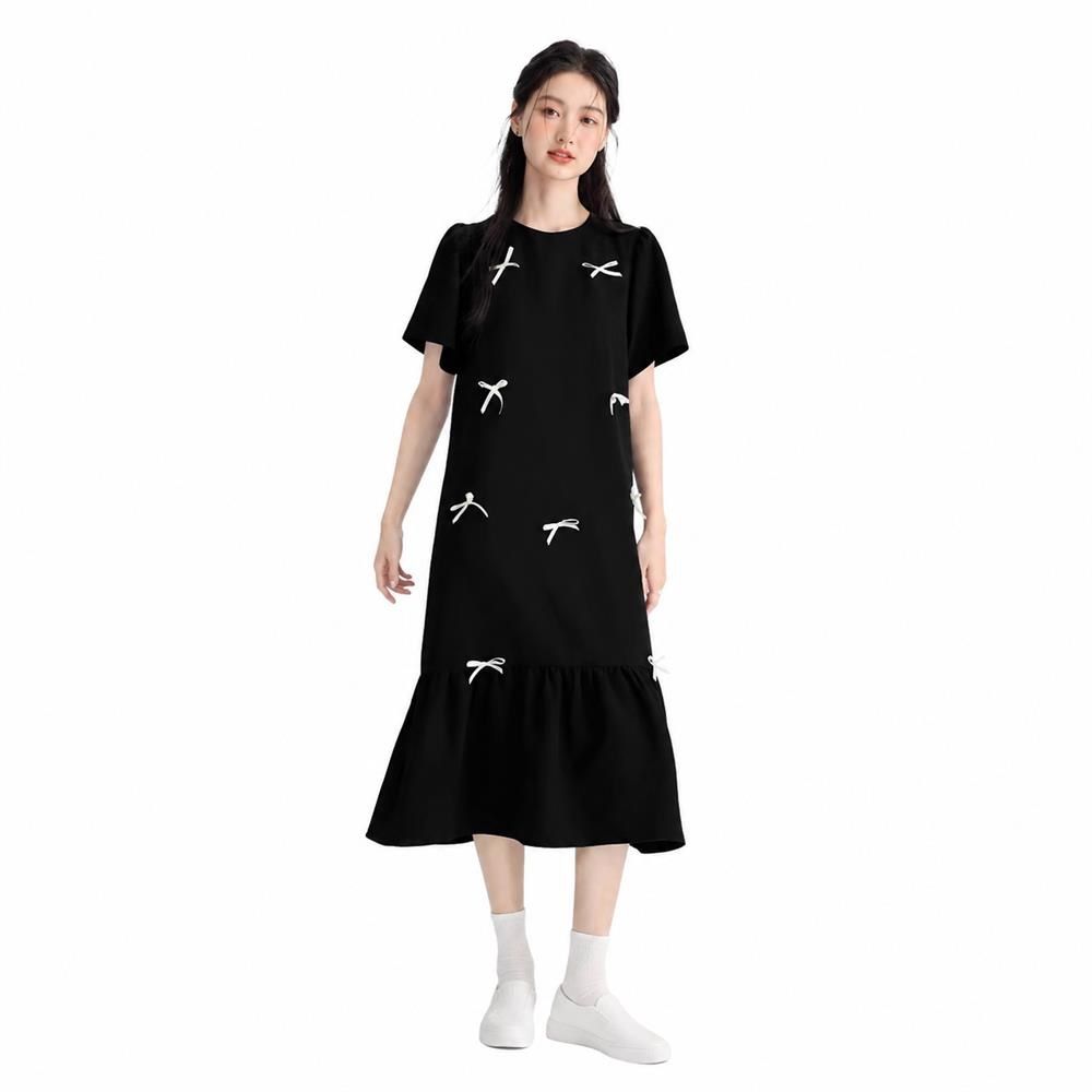 ワンピース ロング丈 レディース 半袖 裾フリル リボン飾り クルーネック ゆったり 着痩せ 大きいサイズ 体型カバー レトロ 上品 膝下 カジュアル 快適 夏 Aライン きれいめ お洒落 可愛い｜Nartooston