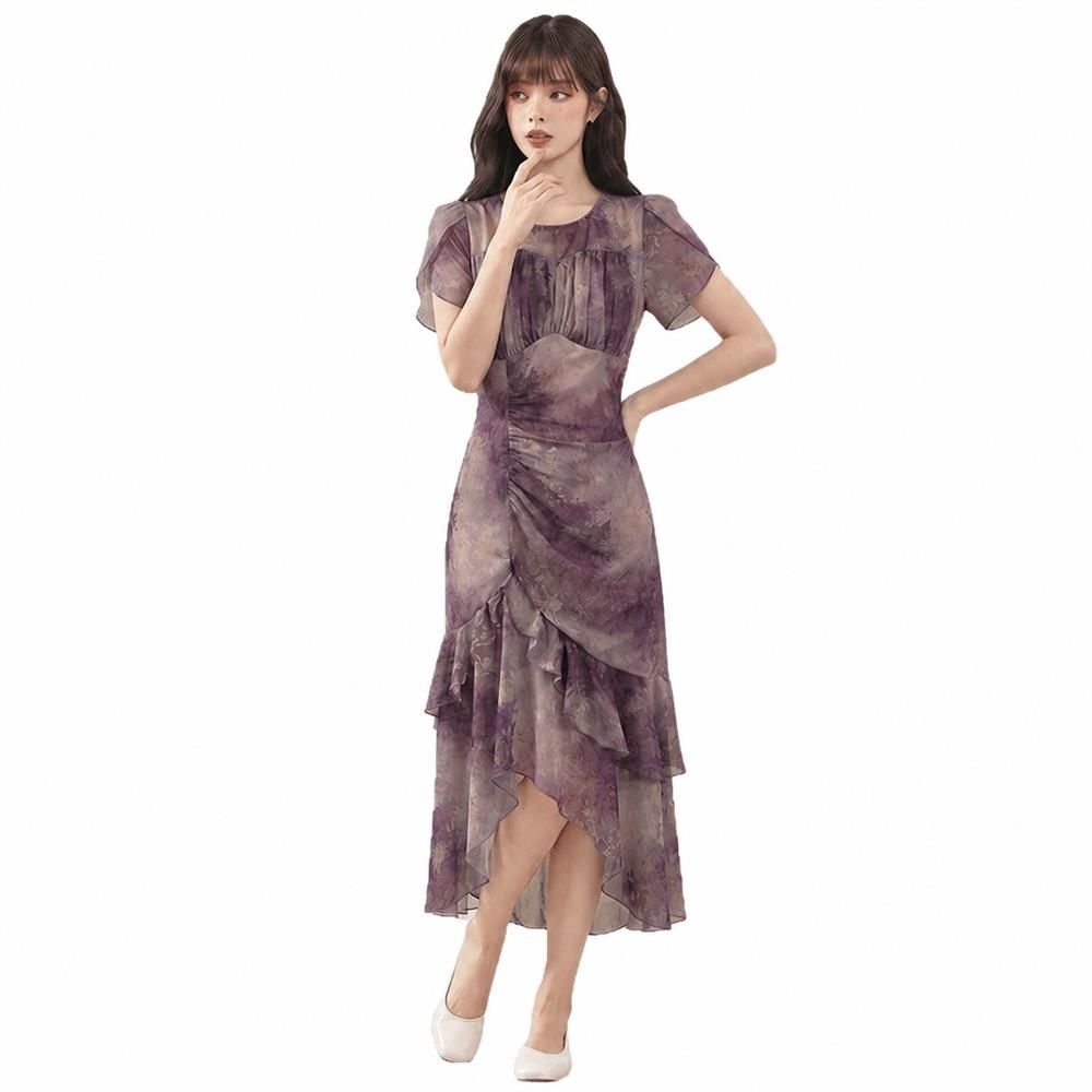 シフォンワンピース レディース 花柄 ロング フィッシュテール 半袖 ボリュームスリーブ ハイウエスト ギャザー きれいめ フェミニン 着痩せ 体型カバー リゾート 旅行 デート お呼ばれ 二次会 パ｜Nartooston