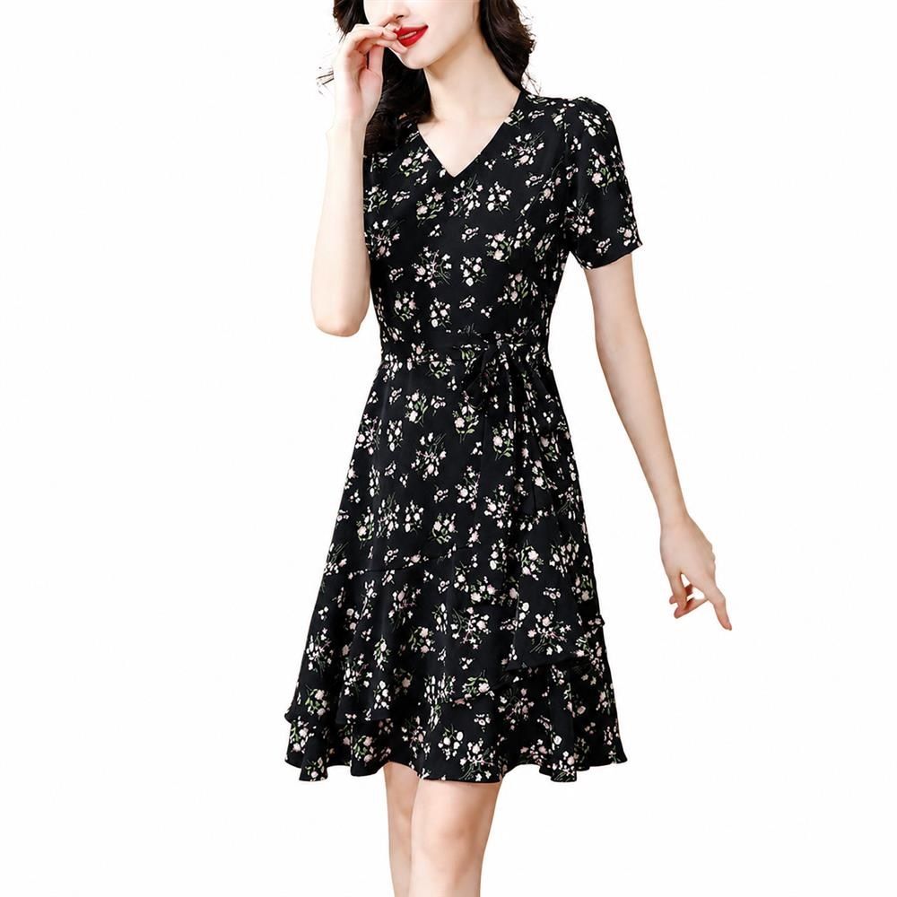 ワンピース レディース 半袖 花柄 カシュクール Vネック ティアード シフォンワンピース ウエストリボン 着痩せ 体型カバー きれいめ ミモレ丈 膝丈 上品 エレガント フェミニン 通勤 通学 デー｜Nartooston