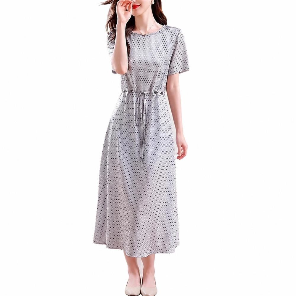 ロングワンピース 半袖 ドット柄 きれいめ 夏 接触冷感 とろみ ドレープ ウエストリボン 丸首 体型カバー カジュアル 大人可愛い 着痩せ|Nartooston