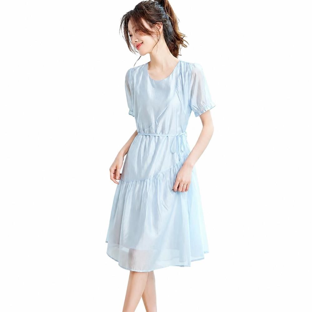 ワンピース レディース 半袖 膝丈 シフォン ティアードワンピース ウエストマーク きれいめ ミモレ丈 体型カバー 涼しい 透け感 大人可愛い｜Nartooston