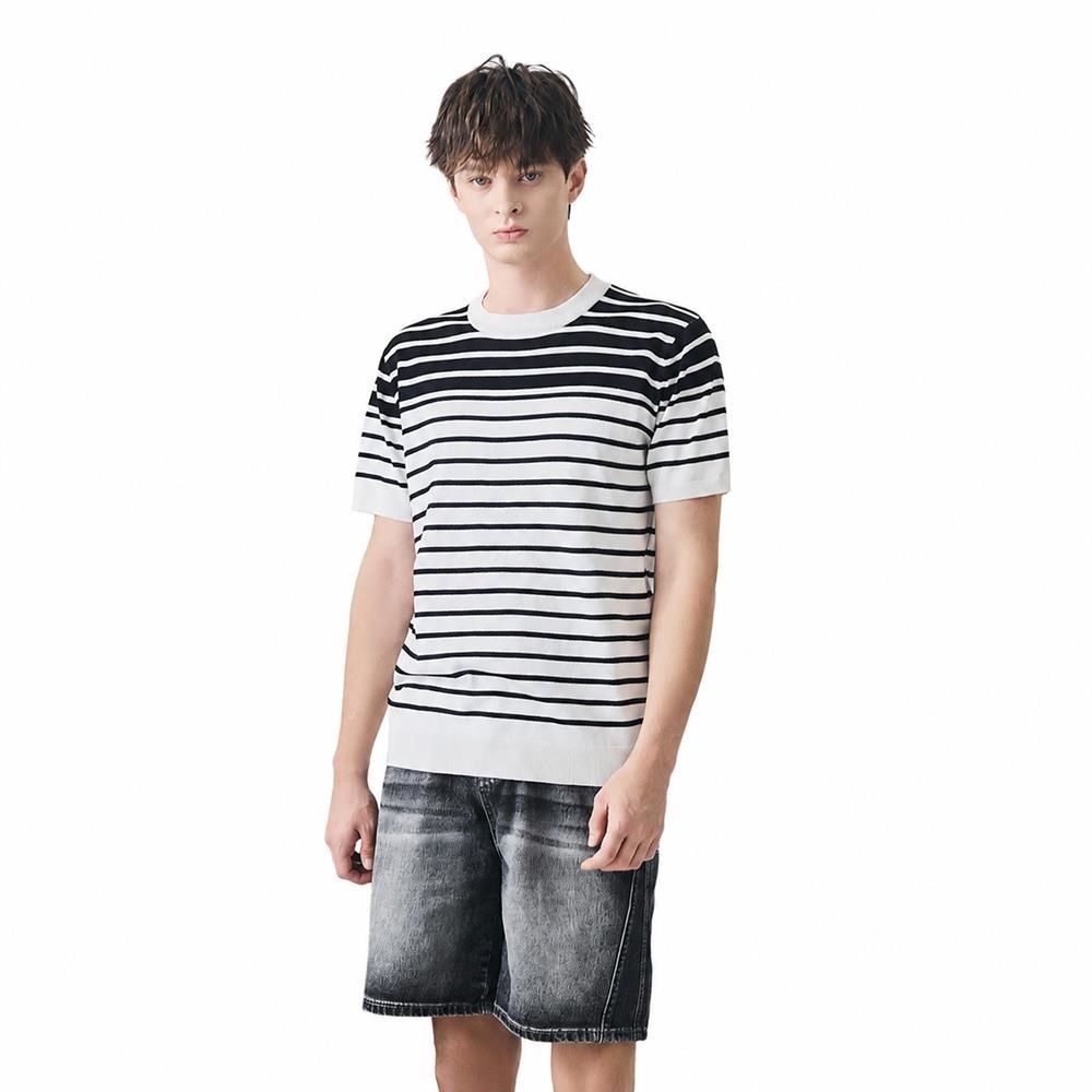 サマーニット メンズ 半袖 ボーダー Tシャツ クルーネック きれいめ カジュアル カットソー トップス 丸首 薄手 伸縮性 ストレッチ 柔らかい さらさら 通気性 春 夏 服 ビジネス デート 旅行｜Nartooston
