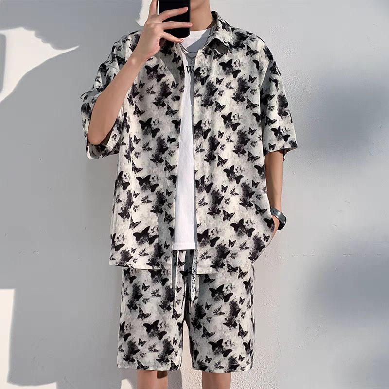 セットアップ メンズ 上下セット 半袖 蝶柄 バタフライ シャツ ハーフパンツ オーバーサイズ ファッション ストリート 夏服 涼しい ゆったり おしゃれ