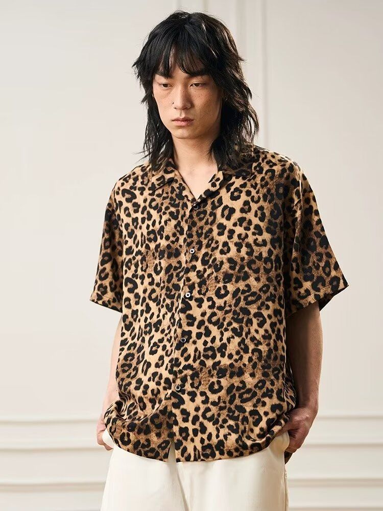 豹柄 シャツ アロハシャツ メンズ レディース 半袖 オープンカラー レトロ ヒョウ柄 総柄 カジュアル ゆったり ビッグシルエット カップル お揃い ペアルック ファッション 開襟シャツ 夏服 スト