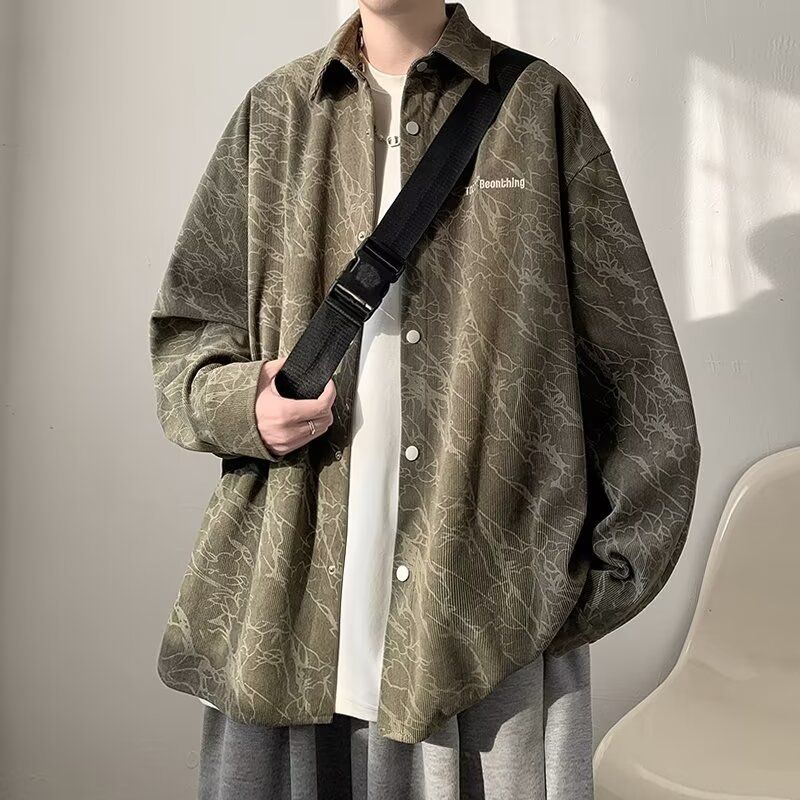 コーデュロイシャツ メンズ オーバーサイズ レトロ ビッグシャツ 長袖 ゆったり 総柄 総柄シャツ ストリートファッション カジュアル ミリタリー 秋服 冬服 春服 コーデ 暖か 起毛感 アウター 羽