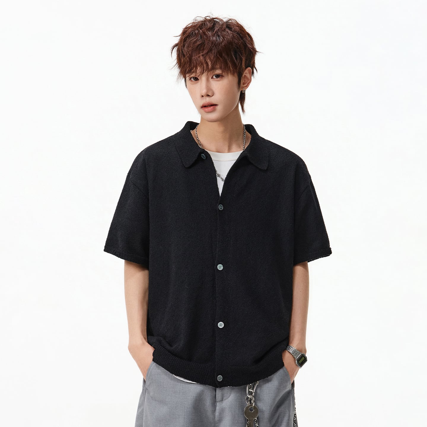 サマーニットシャツ メンズ 半袖 襟付き カジュアル 春 夏 通気性 柔らかい 快適 ゆったり トップス 紳士 シンプル 無地 涼しい 爽やか お洒落 普段着 かっこいい きれいめ ストレッチ 軽量