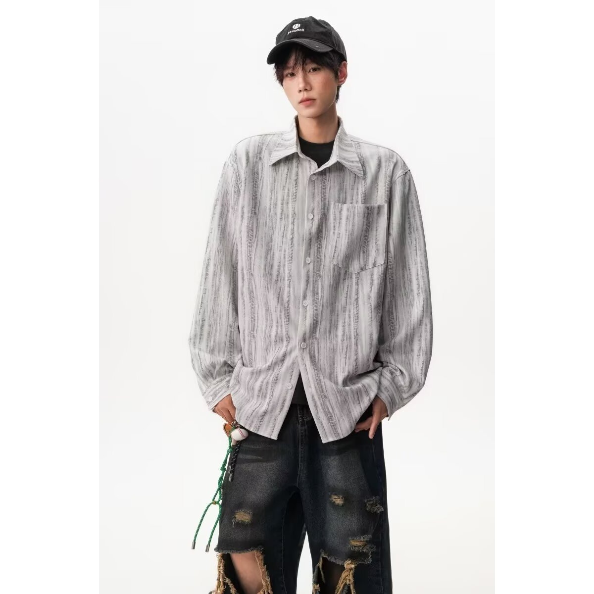 メンズシャツ カジュアル 長袖 オーバーシャツ ヴィンテージ シャビー 縦縞模様 ドロップショルダー ストリート ユニセックス 羽織り トップス 胸ポケット ストリート系 ファッション ゆったり 春