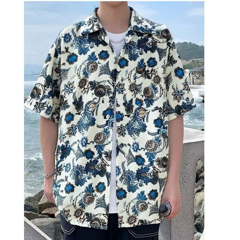 アロハシャツ メンズ 半袖 柄シャツ タイ風 エスニック リゾート カジュアル 総柄 開襟シャツ ビッグシルエット ゆったり 涼しい ビーチ ウェア トップス 旅行 夏服 派手 お洒落 ヴィンテージ風