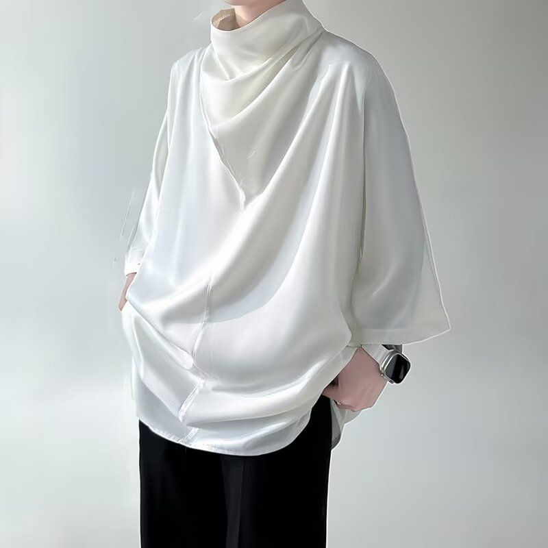 半袖 Tシャツ メンズ モード系 アシンメトリー ドレープ ドロップショルダー オーバーサイズ ゆったり 大きいサイズ ストリート系 サテン風 カットソー ビッグシルエット シンプル おしゃれ