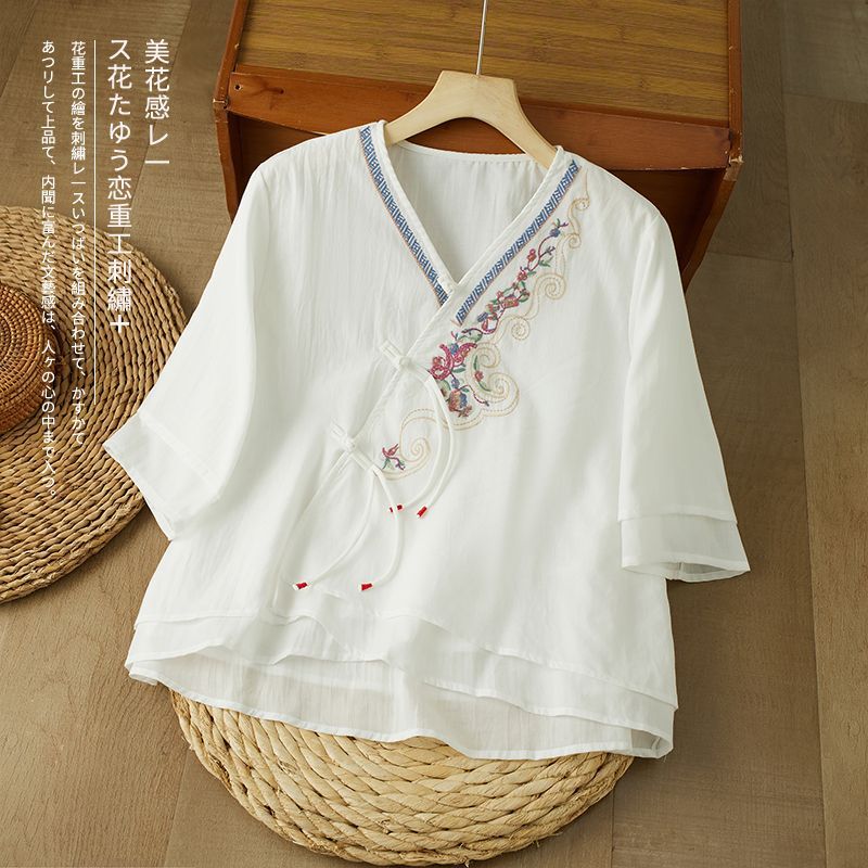 ブラウス レディース 中国風 刺繍 綿麻混 トップス 七分袖 レイヤード Vネック カジュアル レトロ 優雅 お洒落 パープル 夏 秋 部屋着 外出 30代 40代 50代 ゆったり 大きいサイズ