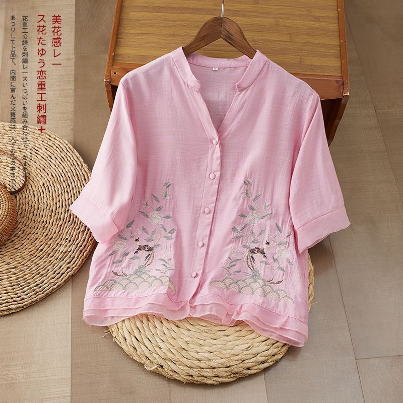 ブラウス レディース 半袖 刺繍 Vネック シャツ トップス 綿麻 リネン混 夏服 ゆったり カジュアル おしゃれ きれいめ 大人 文芸風 ナチュラル 涼しい 体型カバー 通勤 通学
